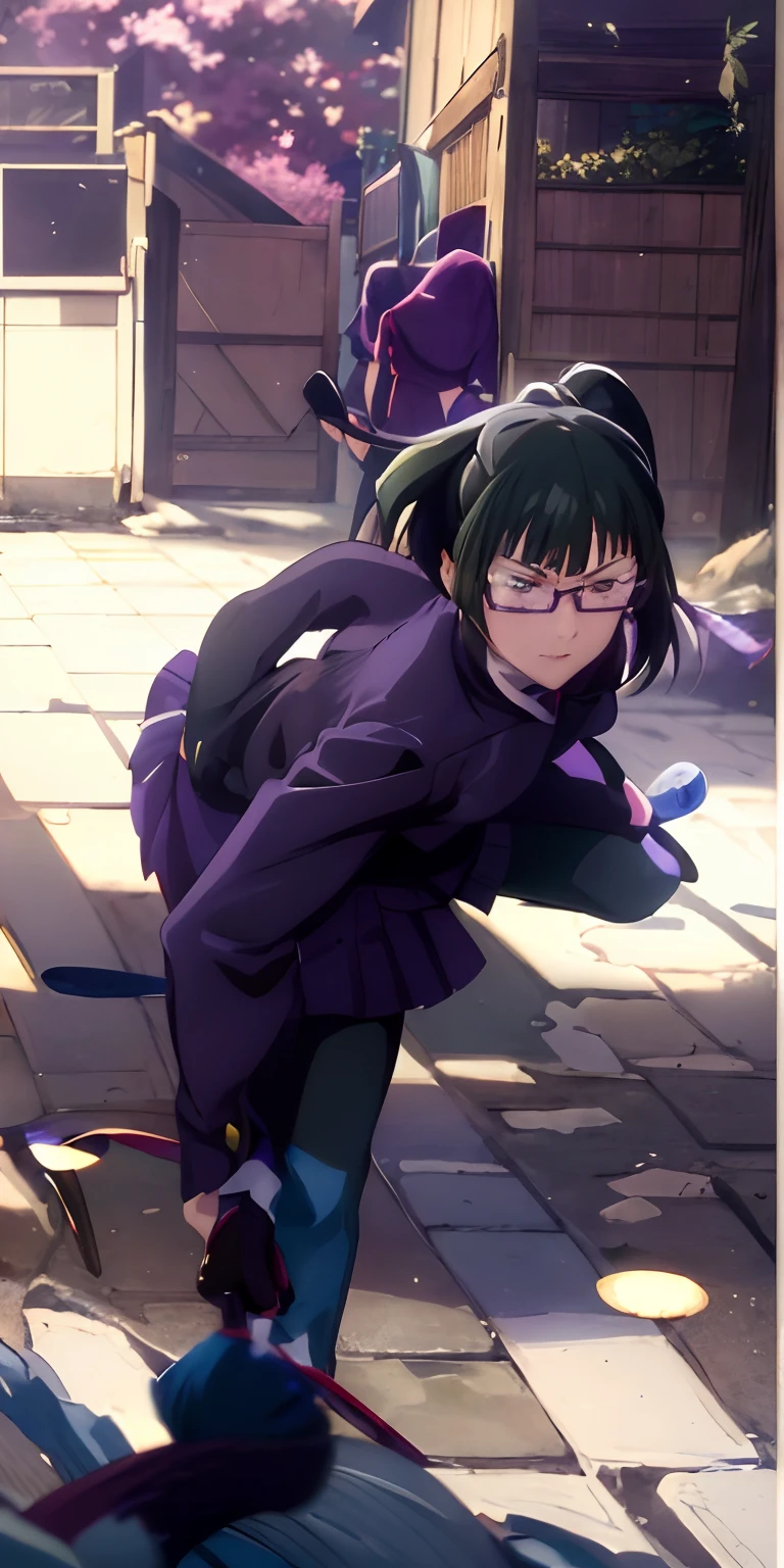 Obra maestra, La mejor calidad, Altas Resoluciones, Personaje de anime en traje morado con cabello verde y anteojos en una patineta, Anime Moe Artstyle, Hanayamata, the anime girl is running, Hinata Hyuga, Iwakura Lain, Estilo anime como el destino/stay night, inspirado por Okumura Masanobu, inspired by Munakata Shikō, Misato Katsuragi