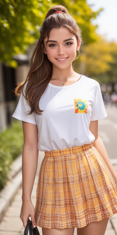 Photo of a -yeld Euean girl, .RAW, beautiful woman, (Light brown hair ponytail) peinado de cola de caballo, pecas en mejillas , brakets en los dientes , linda sonrisa , gran sonrisa , ((retrato)), ((Cara detallada:1.2)), ((Detailed facial features)), (Piel finamente detallada), Pale skin,camisa blanca de manga corta con flor rosa , senos medianos 、Yellow skirt with plaid pictures ,falda con patrones de cuadros, hebilla con figura de flor 、Un sexy(cool color), humid, humid, Reflectores, (Masutepiece) (proporciones perfectas)(fotos realistas)(La mejor calidad) (Detallado) fotografiado con una EOS R5 de Canon, Lente de 50 mm, f/2.8, NffSW, (8k) (papel tapiz) (cinematic lighting) (Dramatic lighting) (foco nítido) (Enrevesado) moda, escenario , luz reflector