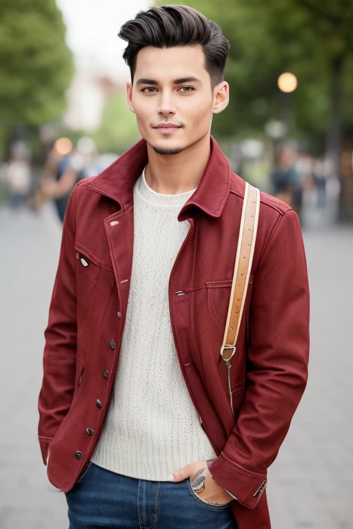 A 25-year-old young handsome man who resembles Johnny Depp、What it feels like to be a model、dressed casually、Wear red trainers、BROWN COLOR JEANS、Delicate face、a handsome、Her hair is light brown、Brown eyes、Daytime on a sunny day、Downtown towns、Cool standing figure、Live-action shooting style、High Definition 8K、Bright smile、Looks like a model、