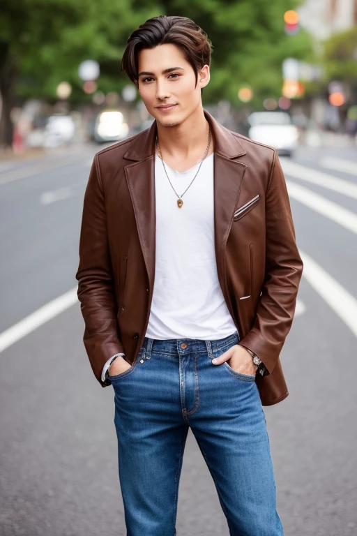 solo , 1man , thai man , leather jacket , white shirt , blue Long pants jeans , happy , sit