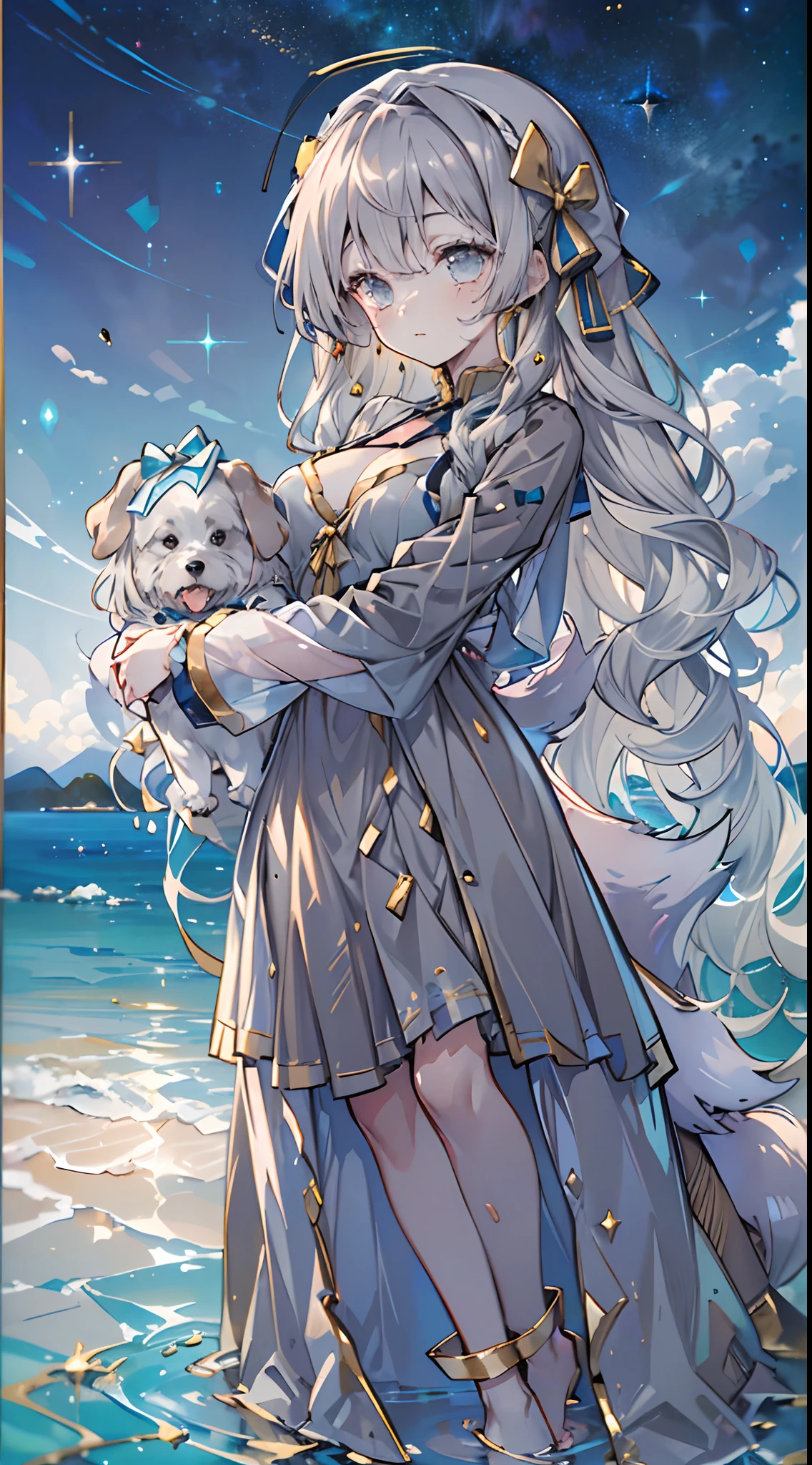 official wallpaper,(ta:1.6),[(nsfw):],[[delicate fingers and hands:0.55]::0.85],(:blue:0.6):1.12222}},{(:grey:0.7):1.11111},{(silver::0.6):1.13333},bust,(dog:1.5),1loli with grey hair and gradient grey eyes and very long hair,(1Girl_(dress,skirt:1.3),(bow:1.3) (she_with_(grey:1.2)_hair:1.1),(wavy hair:1.3),(blue:1.1)_inner_hair:1.3),(beautiful detailed water),(gold tone:1.4),bare_shoulders,barefoot,expressionless,(hugging_own_legs:1.2),(Starry sky adorns beautiful detailed dress:1.1),(beautiful detailed golden_Rose),(she(Long sleeves with wide sleeves, ribbon-trimmed sleeves)),(shiny skin:1.3),(silver gems:1.3),(she_with_(Glowing_eyes:0.9)), moon,hyper_galaxy,beautiful detailed sky,starry_sky,background detailed, Cinematic Lighting,(beautiful detailed water),cinematic lighting,volume lighting,bloom effect,light particles,",(watercolor:1.02),(sketch:1.05),