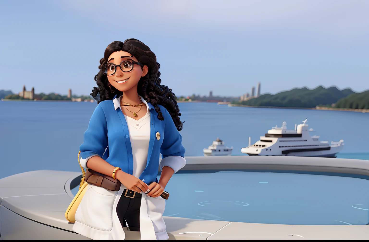 Brunette woman with black curly hair wearing glasses and smiling