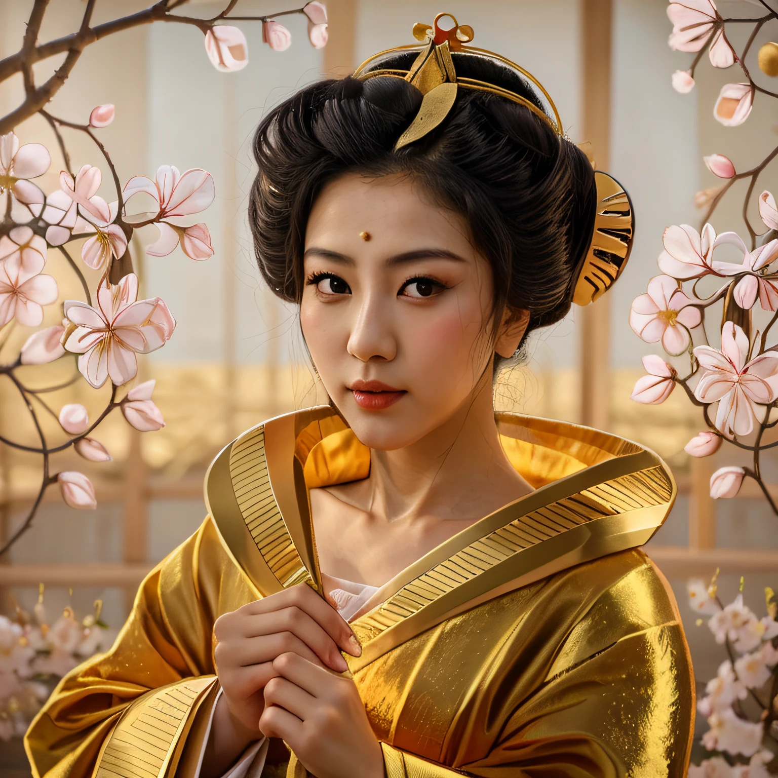 masterpiece, a close up of a black-haired geisha, wearing a golden kimono, with a tiara on her head, Portrait of a beautiful geisha, Portrait of geisha, Beauty geisha, Portrait of a geisha, japanese geisha, female geisha girl , Skilled geisha of the Japanese, glamorous and sexy geisha, elegant Japanese woman, branches and cherry blossoms in the background ((super-detailed background)).