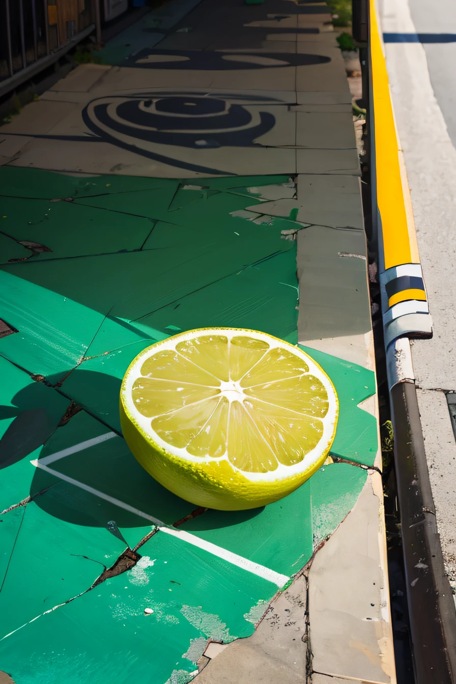 ONE PART OF A SLICED GREEN LEMON. PLACE THE LEMON WITH TWO GRAFFITI EYES IN THE SHAPE OF A "X" E UM BOCA GRAFITADA , AS IF SOMEONE HAD PAINTED IT ON THE LEMON
