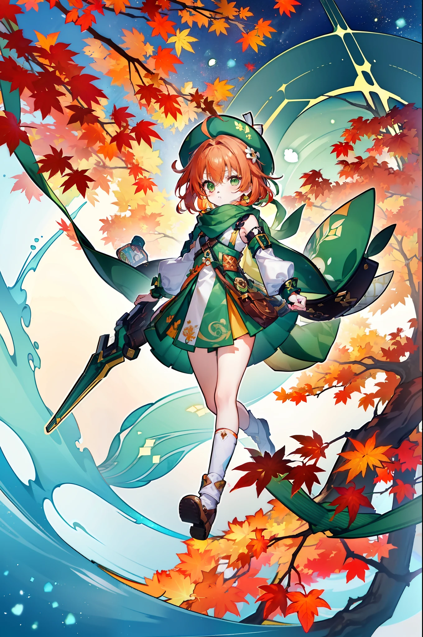 (Masterpiece), Best quality, Expressive eyes, Perfect face, ((small, Cartoon, anime)), cheerfulness, Tiny, Cute, young girl, Short hair, Simple design, bangs, ((Green hat, Brown cross-body bag, green scarf, mitts, Skirt, shoes)) Young, ((Brown eyes, Green reflection, orange highlights)), (unique outfit, patterns, long cape, Tree design on skirt, Long sleeves with leaves, arms  cuffs, knee high socks, The shirt is asymmetrical, Orange hair, hair pin, Flight book), full bodyesbian, full bodyesbian, Splash screen, (Swirling background, dynamic scene, Autumn, ahoge) Costumes from the 18th century, Genshin Impact, Green ivy hat, Green hat, cross-body bags, ((young girl, child, Young Lady, Loli, tchibi, small, Tiny, Cute))