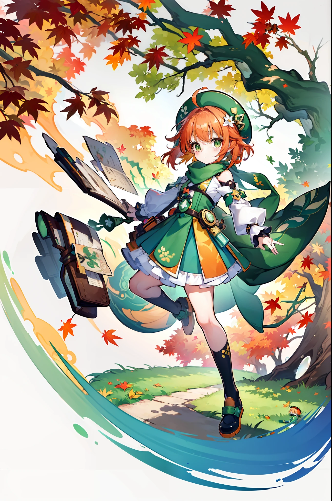 (Masterpiece), Best quality, Expressive eyes, Perfect face, ((small, Cartoon, anime)), cheerfulness, Tiny, Cute, young girl, Short hair, Simple design, bangs, ((Green hat, Brown cross-body bag, green scarf, mitts, Skirt, shoes)) Young, ((Brown eyes, Green reflection, orange highlights)), (unique outfit, patterns, long cape, Tree design on skirt, Long sleeves with leaves, arms  cuffs, knee high socks, The shirt is asymmetrical, Orange hair, hair pin, Flight book), full bodyesbian, full bodyesbian, Splash screen, (Swirling background, dynamic scene, Autumn, ahoge) Costumes from the 18th century, Genshin Impact, Green ivy hat, Green hat, cross-body bags, ((young girl, child, Young Lady, ****, tchibi, small, Tiny, Cute))