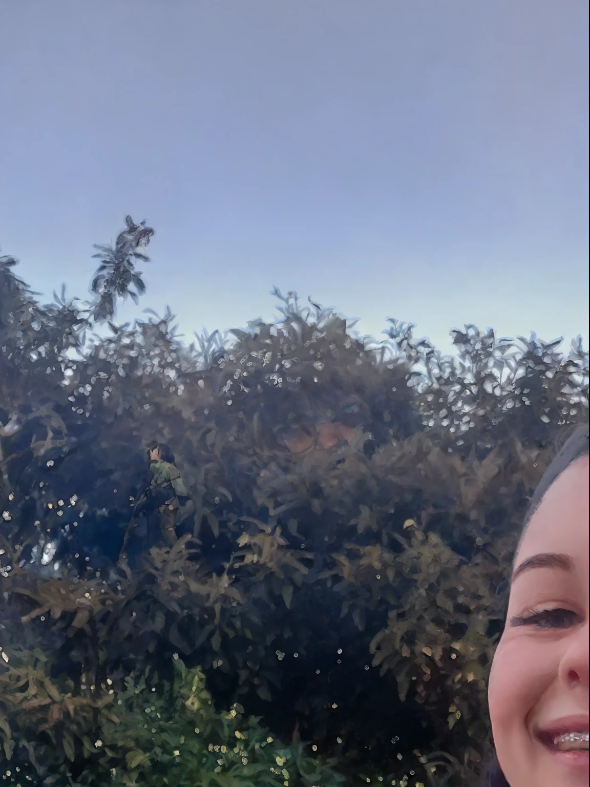 3D Disney Pixar movie poster smiling girl in green shirt and dark gray scout scarf, Standing in front of the trees, Foto de perfil, menina vestindo o uniforme, camisa social verde escura, muito ligeiramente sorridente, cabelo castanho preso em ramo de cavalo e jogado sobre os ombros,