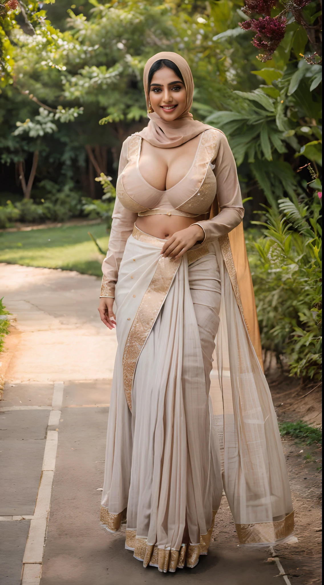 (Best quality,8k,ultra high res:1.3),(Pretty Indian girl),(Huge breasts:1.35), (hijab), wearing a saree, small waist, smile, full body shoot