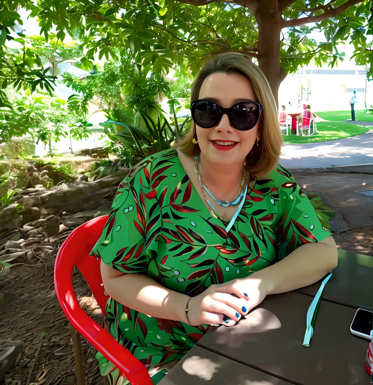 mulher sentada em uma mesa com um celular e uma bebida, em um parque, trees in the background, em um parque, no Parque, belos arredores, divertindo-se, Directed by: Nandor Soldier, foto de perfil, Malika Favre, Tons de verde e vermelho, no parque em um belo dia, Senhora bonita, foto retrato, foto de perfil