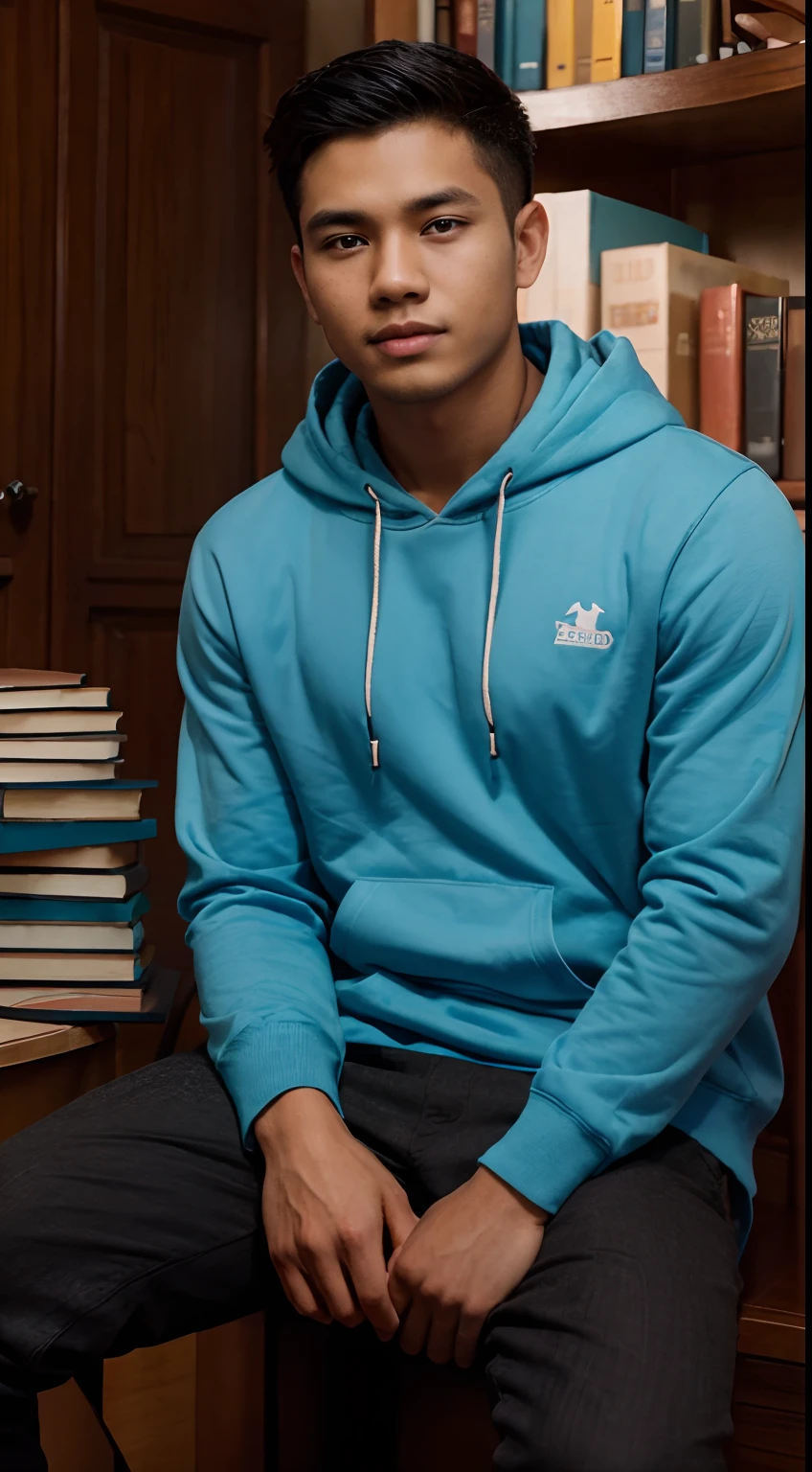 A handsome young man with an Indonesian face, sitting in a room full of books facing forward,Wearing a hoodie Sky blue with a hood