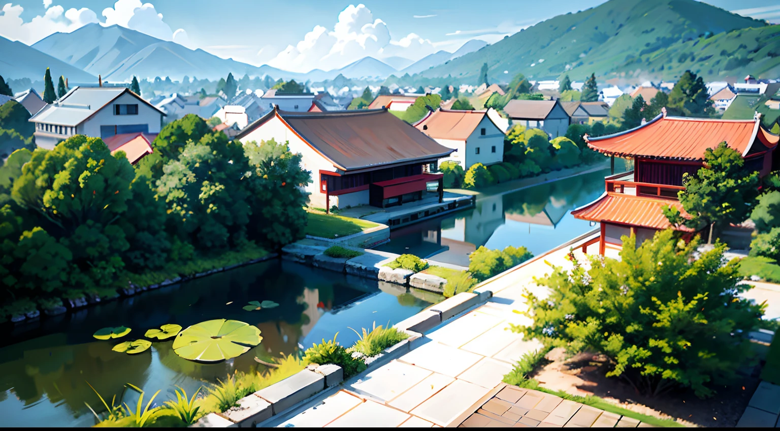 (Modern Chinese landscape)By the lotus pond,farm land,The background is mountains, residential area, empty building with vegetation, white architecture, Houses and buildings, White building with black roof, Chinese village, mixed development, modern neighborhood, the neat and dense buildings, whitewashed buildings,Faraway view,