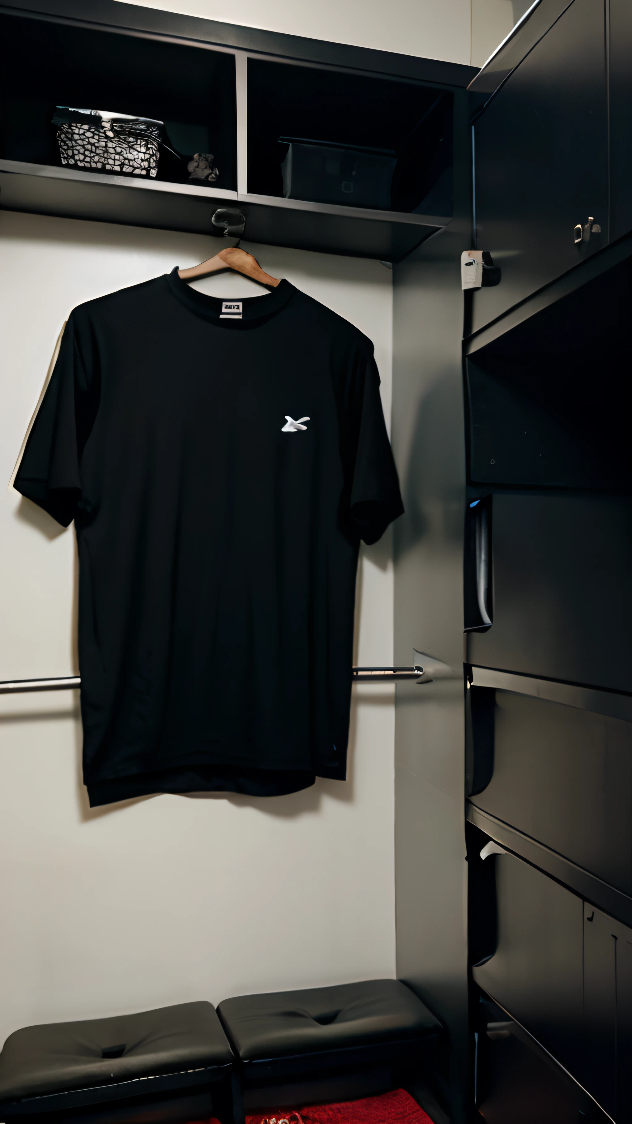 Black Cotton Fabric T-Shirt, Hanging in a football locker room