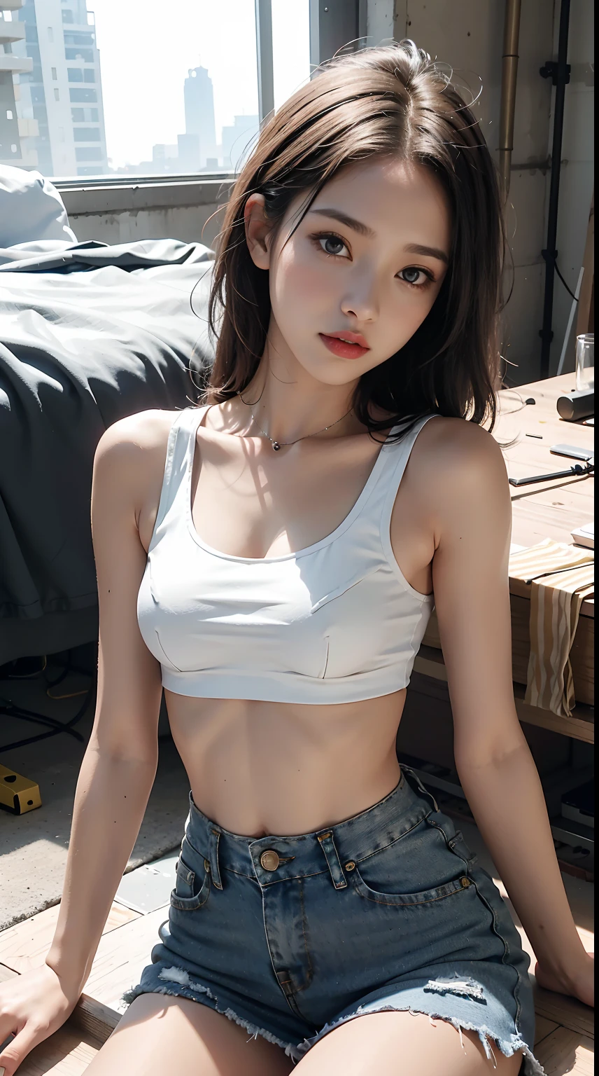 Girl posing for photo in white bra and tight denim skirt,full bodyesbian,With a cropped T-shirt,Slim body,Smaller bust,Slim girl model,24 years old female model,Lying on the construction site,A group of black men watched
