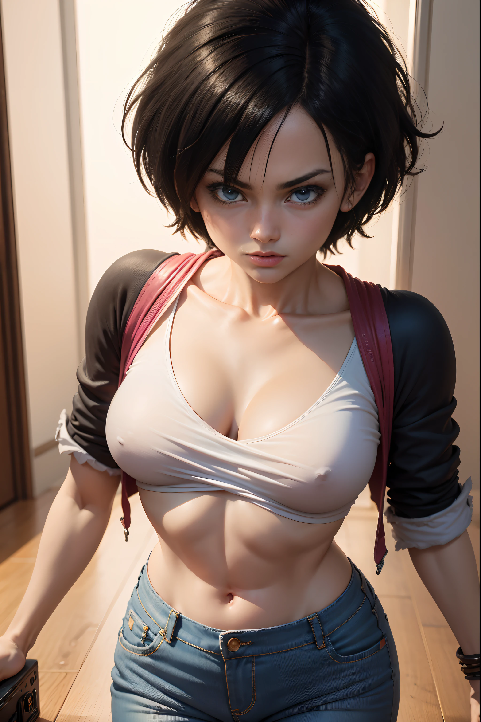 videl, Dragon Ball Z, parte superior blanca ajustada, pantalones cortos negros ajustados, hermosos ojos detallados, hermosos labios detallados, ojos y cara extremadamente detallados, long eyeslashes, (mejor calidad, 4k, 8k, highres, obra maestra: 1.2), ultra detallado, (realista, fotorrealista, fotorrealista: 1.37), HDR, UHD, Studio lighting, pintura ultrafina, foco nítido, physically based representation, Understanding extreme details, profesional, colores vivos, retratos