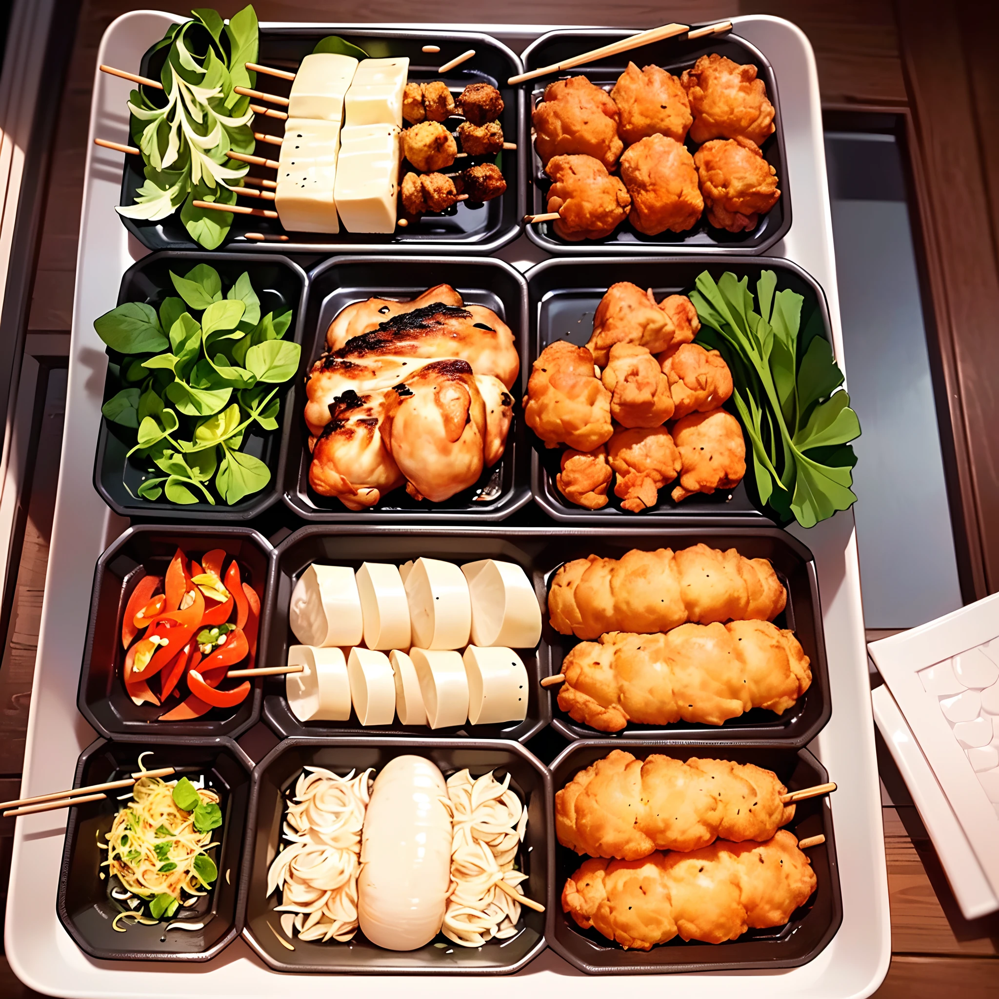 (((​masterpiece，masuter piece，high-level image quality，hightquality，Detailed and subtle，ultra-detailliert)))，(((Ultra-fine bean sprouts，White buds，Beautiful bean sprouts，green pepper，col，Stir-fried vegetables)))field，(((Light blue little bird，Cute little bird)))，(((yakitori，fried chicken，Chicken skewers)))，cooking a，dish