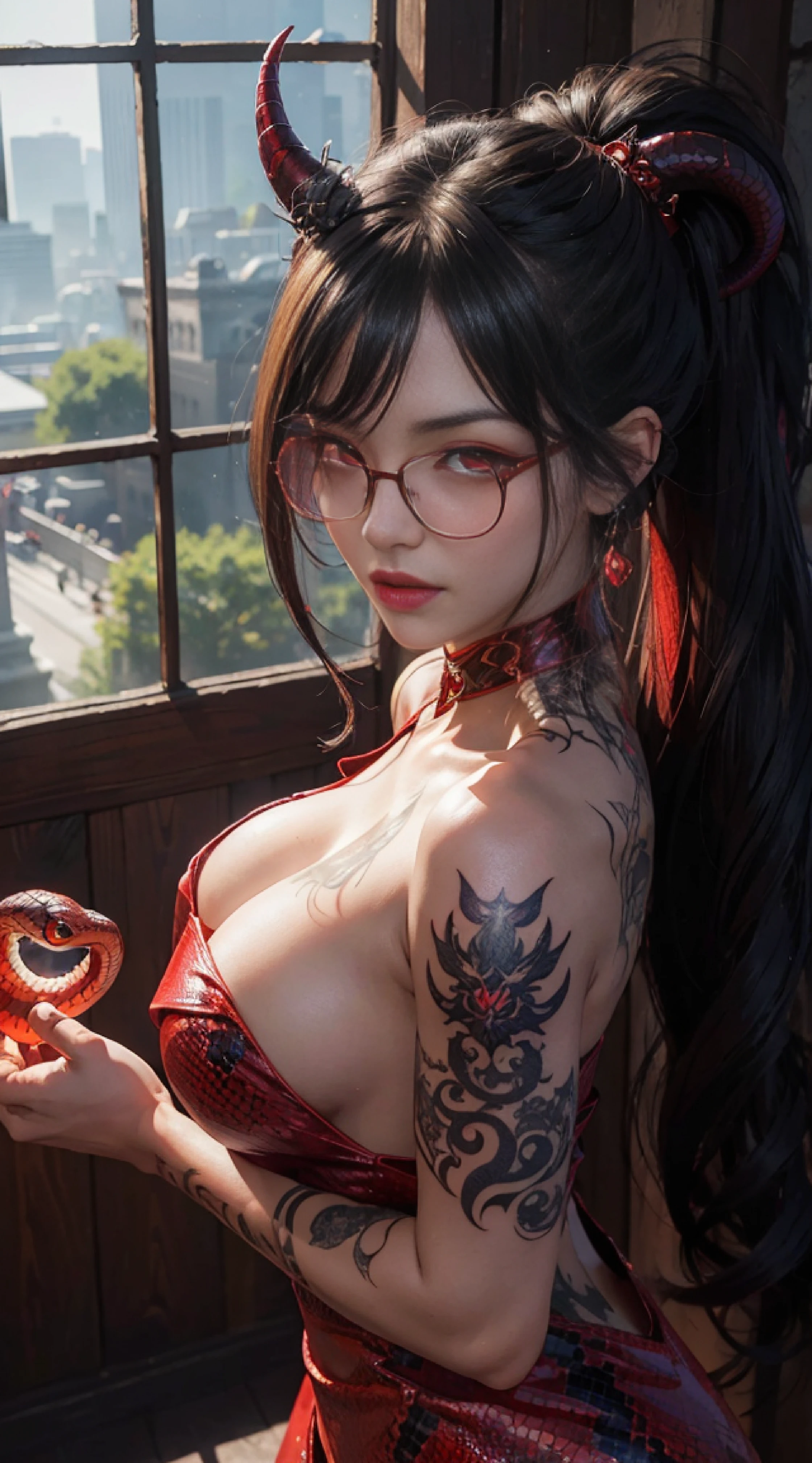 Fine、(The best illustrations)、8k UHD resolution、intricate-detail、top-quality、realisitic、ultra-detailliert、The best lighting、Best Shadows、Soft lighting、Ulutra HD、1 beautiful devil woman from hell, surreal female portraits by David Hockney and Alphonse Mucha, Portrait of a seductive woman、Fantasy Art, Chinese Doll、Dungeon、The dragon、Devil's Palace、Devil's Torture Chamber、magia、 Evil Nun、Dark Necromancer、natta、Dark style、Succubus、Devil's Daughter、Umi Shinonome、Bat Wings，(((Demon Horns)))、((((black-rimmed round glasses))))、(((Colossal tits)))、(Devil's Tail)、(red eyes glowing:1.6)、 intricate tattoos, demonic intricate tattoos, thigh tattoos, body tattoos, ​masterpiece、beautiful countenance、a baby face、Muscular seductive body、The enchanting body of the devil、Chinese actress、Seductive Black Magic Costume、(((A shiny red snake is wrapped around her body)))、Tindall Effect、photos realistic、(High Detail Skins:1.2)、 (Intricate details, makeup, pureerosface_v1:0.5), (Detailed beautiful delicate face, Detailed beautiful delicate eyes, A perfectly proportioned face, High detailed skin, Detailed skin, best ratio four finger and one thumb, arms below breasts, Tattoo with a red glow under the stomach、Awesome awesome, wide hips, smooth midriff, skiny and thin, __Fashion__, __hair__:1.25)、Digital SLR、hightquality、a picture、hight resolution、 absurderes、Ponytail distortion、1人、Red sparkling gemstone necklace、jewely、Beautiful expression、Body Up、Large breasts emphasis、Toned waist、Wide buttocks、Devil's Tail、intricate tattoos, demonic intricate tattoos, thigh tattoos, body tattoos, effect、Photorealsitic、(High Detail Skins:1.2)、In the Dark, lowkey, cowboy lens, (red phoenix dress: 1.0), Seductive Black Magic Costume、Long hair, Black hair, Bust, Devil's Palace, devil crown, red eyes make up very sharp and detailed, The most beautiful face, Super tight breasts, Breast augmentation surgery, The breasts are very big and round and round, Black magic costume、Super realistic , Charming smile,a baby face、 The eyes are very well made up, ((Red Eye:1.0)), guweiz, devil style,Muscular seductive body、 wearing black mesh socks, Ponytail with a bow tied at the back of the hair, plump beautiful red lips, wearing a thin red and black robe, Hands pull the straps to expose sexy breasts, A shiny red snake is wrapped around her body、the landscape is overcast and thunderous, Beautiful female demon portrait, Protagonist Close-up, (Detailed spooky backgrounds:0.8), nffsw, nffsw, The 8k quality, detailed pixel, Meet beautiful girls, Look at the girl's body,Emphasis on large breasts、Tattoo with red glow、Tattoos, intricate tattoos, demonic intricate tattoos, thigh tattoos, body tattoos,Devil's Tail、Body Up、A glowing red snake enveloped her body、Beautiful female demon portrait, Portrait of a Superhuman Woman by David Hockney and Alphonse Mucha, Fantasy Art, Chinese Doll、Protagonist Close-up, (Detailed spooky backgrounds:0.8),kawaii、realisitic、Portrait of a seductive woman、Chinese actress、