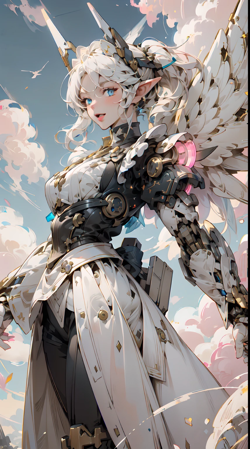 (Masterpiece, Best Quality, great, Highly detailed ajectar Unity、8k wallpaper, Depth-of-field, super fine-illustration:1.5)、3D, Extremely detailed, (Victorian maid armored、a mech elf girl:1.3), sci-fi battlefield, hawken, Smile, Open mouth, short ponytail hair, (white blonde hair, Deep Blue Eyes:1.2), Sparkling eyes, Cute face, kawaii, Large breasts, delicate hair, disheveled hair, (((Flying high in the sky))、Blue sky, white clouds), Shiny hair, shiny skin, (Symmetrical mechanical wing、Metallic colored mechanical wings that are widely expanded to the left and right so that they protrude greatly from the screen, headgear, white hair ornament), (Particles of light, Cinematic lighting: 1.3), (Thin pink lips: 0.8), by Yusuke Murata