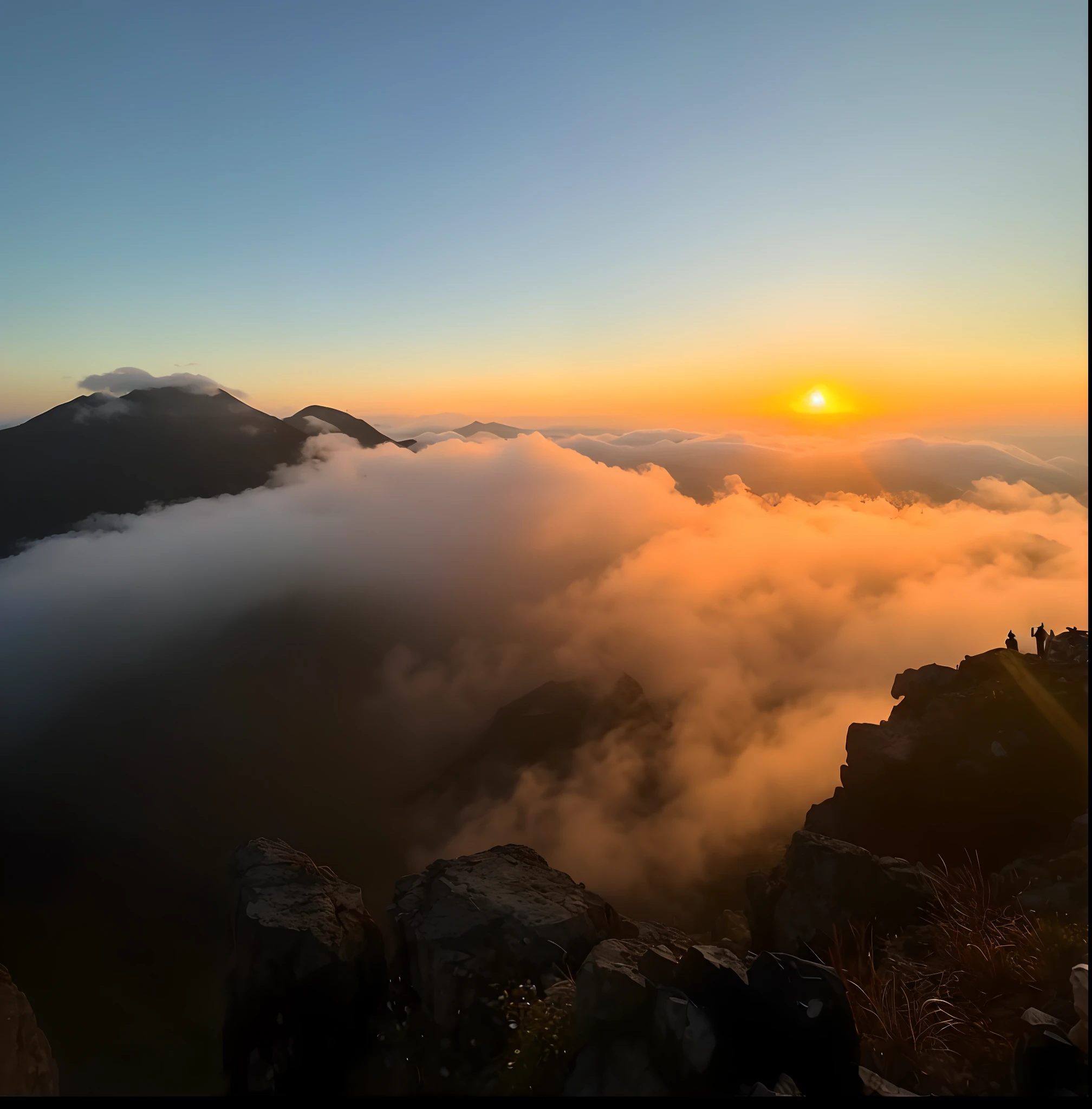 Arafes on the top of the mountain,You can see the sun set, sun rises between two mountains, Sunset in the clouds, epic sunrise, rise above clouds, mountain sunrise, Above the clouds, sun is in the top, walking above the clouds and fog, view above the clouds, heaven in the top, beautiful sunrise lighting, instagram post, late sunset