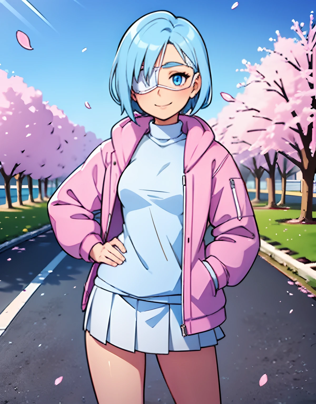 girl, short snow blue hair, small breasts, standing, smile, white medical eyepatch on right eye, pink winter jacket, white winter sweater, gray knee lenght skirt, hands on hips, looking at viewer, outside, near tree, (road:0.6), pov, looking at viewer, facing viewer, perfect eyes, blue eyes, cherry blossom