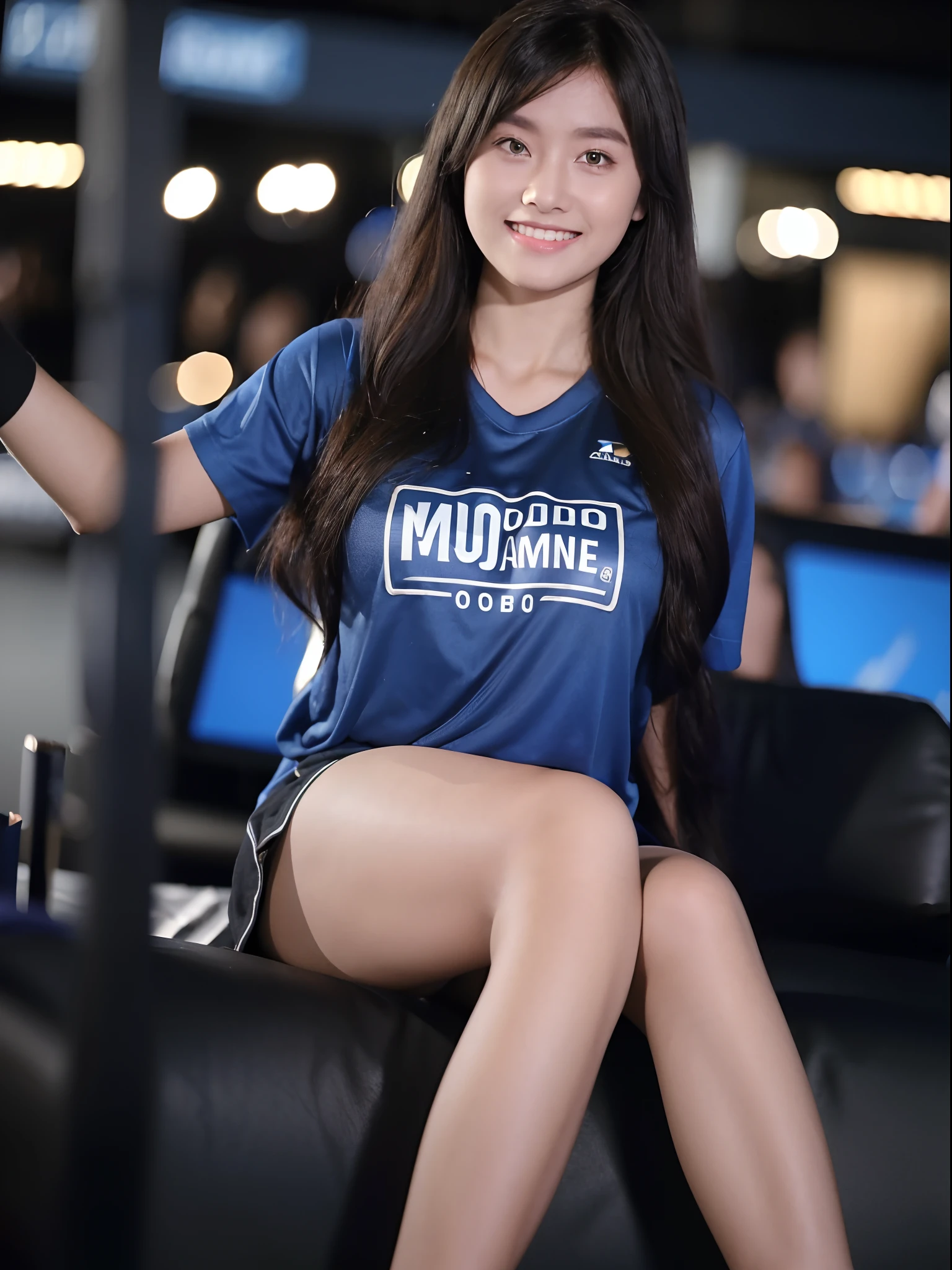 Masterpiece, best photo, best quality, high quality, 8K, UHD, a beautiful girl wearing a dark blue gaming team t-shirt, shorts, short blue, looking viewrs, at a gaming venue, blurred background, f/1.2, thigh , keep smiles, watch hand