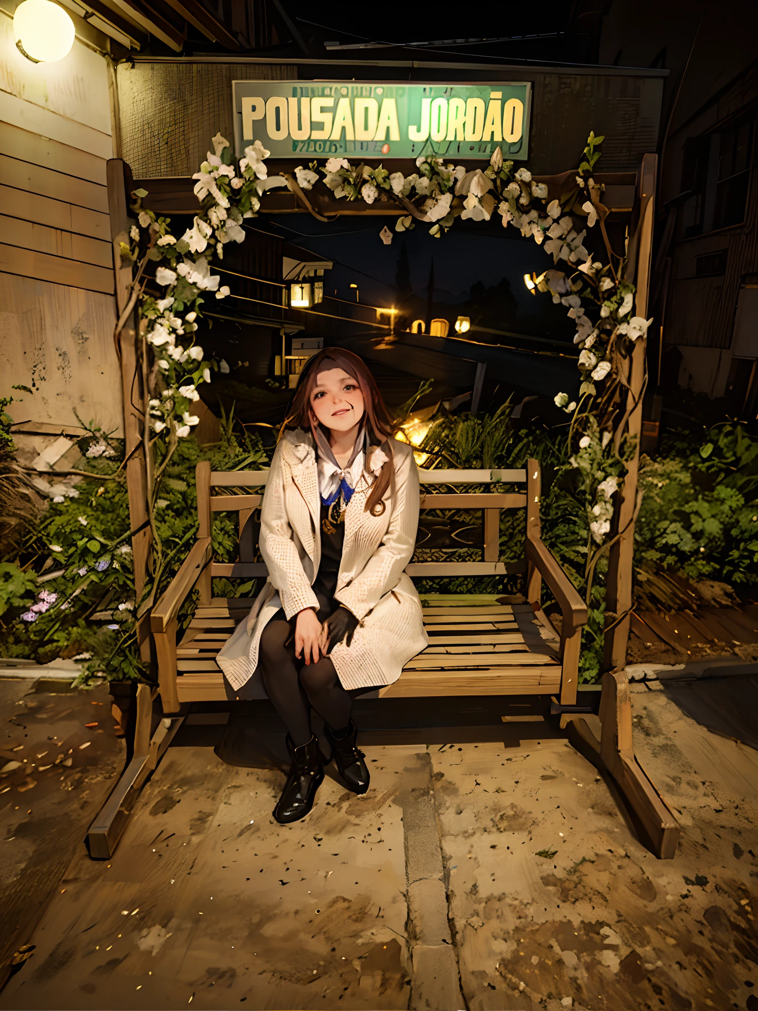 Mulher sentada em um banco de madeira com uma placa que diz Diarol Andazud, Tomada com Canon 8 0 D, Tomado com uma Pentax K1000, Alexandra Fomina, Tirada com Canon EOS 5 D Mark IV, em um jardim cyberpunk, em uma floresta de doces! at night, sentado com flores, photo taken at night, sentado no banco