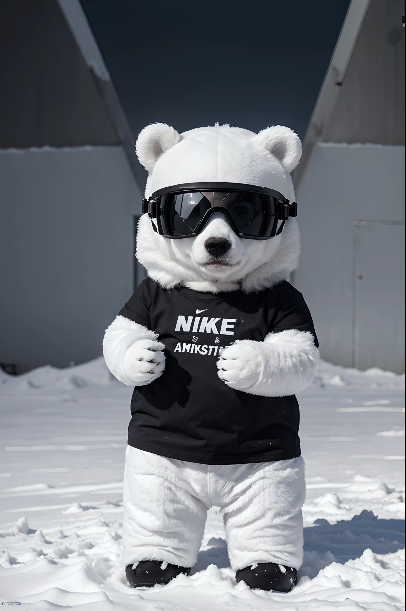 MAKE ME A WHITE BEAR ANIMAL STANDING WEARING A GOGGLES IN THE SNOW WEARING A BLACK SHIRT WITH SMALL WORDS WRITTEN NIKE