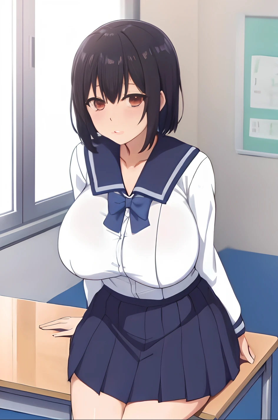 Imagem de anime de uma mulher em um uniforme escolar posando para uma foto, Oppai, Estudante realista, uma aluna hiperrealista, menina anime sedutora, Ecchi, aluna hiperrealista, estilo anime Ecchi, seios grandes!, menina bonita do anime high school, seios grandes!!, small curvy loli, com seios grandes, Shikami, Nagatoro