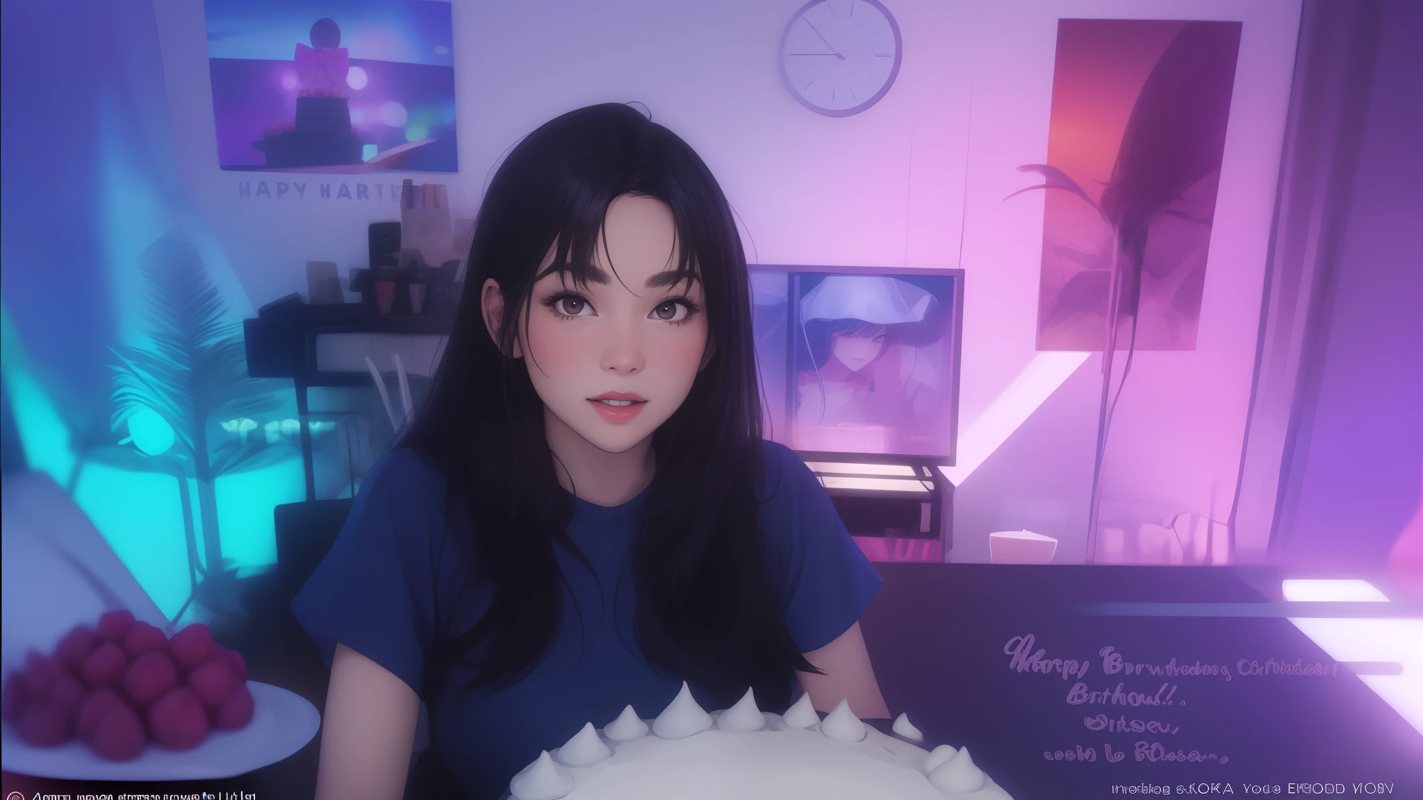 woman holding a birthday cake that says "Happy birthday bossberry!"