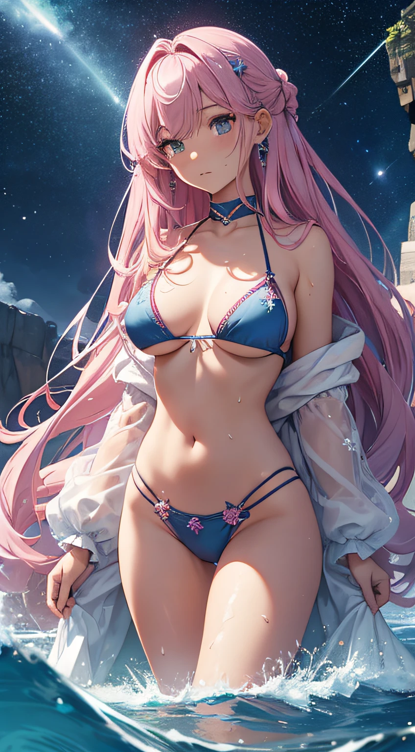 ​masterpiece、Massive landscape（（natta、Mysterious starry sky、Meteor swarm、sea side））、Pink hair、a beauty girl、huge tit、Delicate embroidery on a crystal clear light blue bikini、Farbe々Pose、Wet hair、Body is wet、perspiring、lying back、Looking up、Hair is tied up