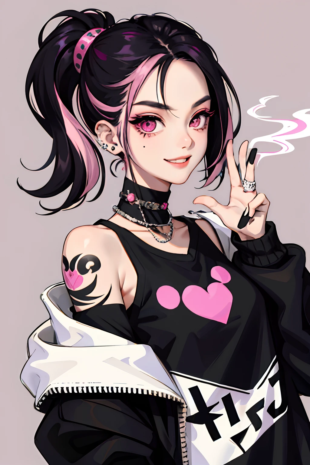 kpop girl with rizz smile face, bad ass, black,pink hair, tattoos on hands and neck, piercing, black mixed pink striped sweater, cool badass pose, smoke background