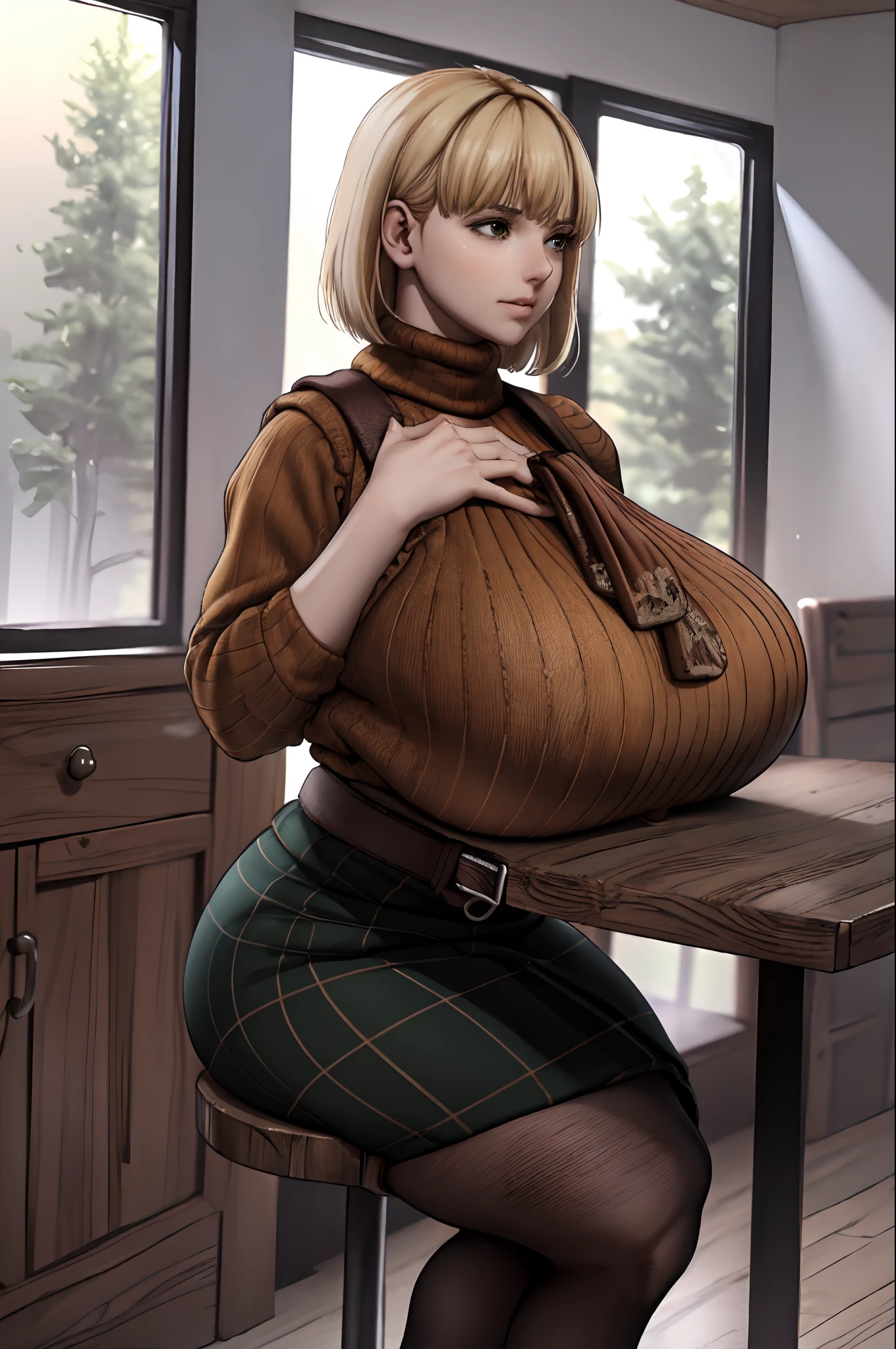 (masterpiece, best quality:1.2),((orange)ribbed turtleneck), sweater over shoulders, (green plaid skirt),(pantyhose),blonde hair, short hair, bob cut, light brown eyes, gigantic ass ,bottomheavy, topheavy, lips, huge breasts, belt,log cabin,desk,(breasts on the table),(breasts rest), (hands on chest:1.2)sagging breasts, standing,from side,side view,full body shot,