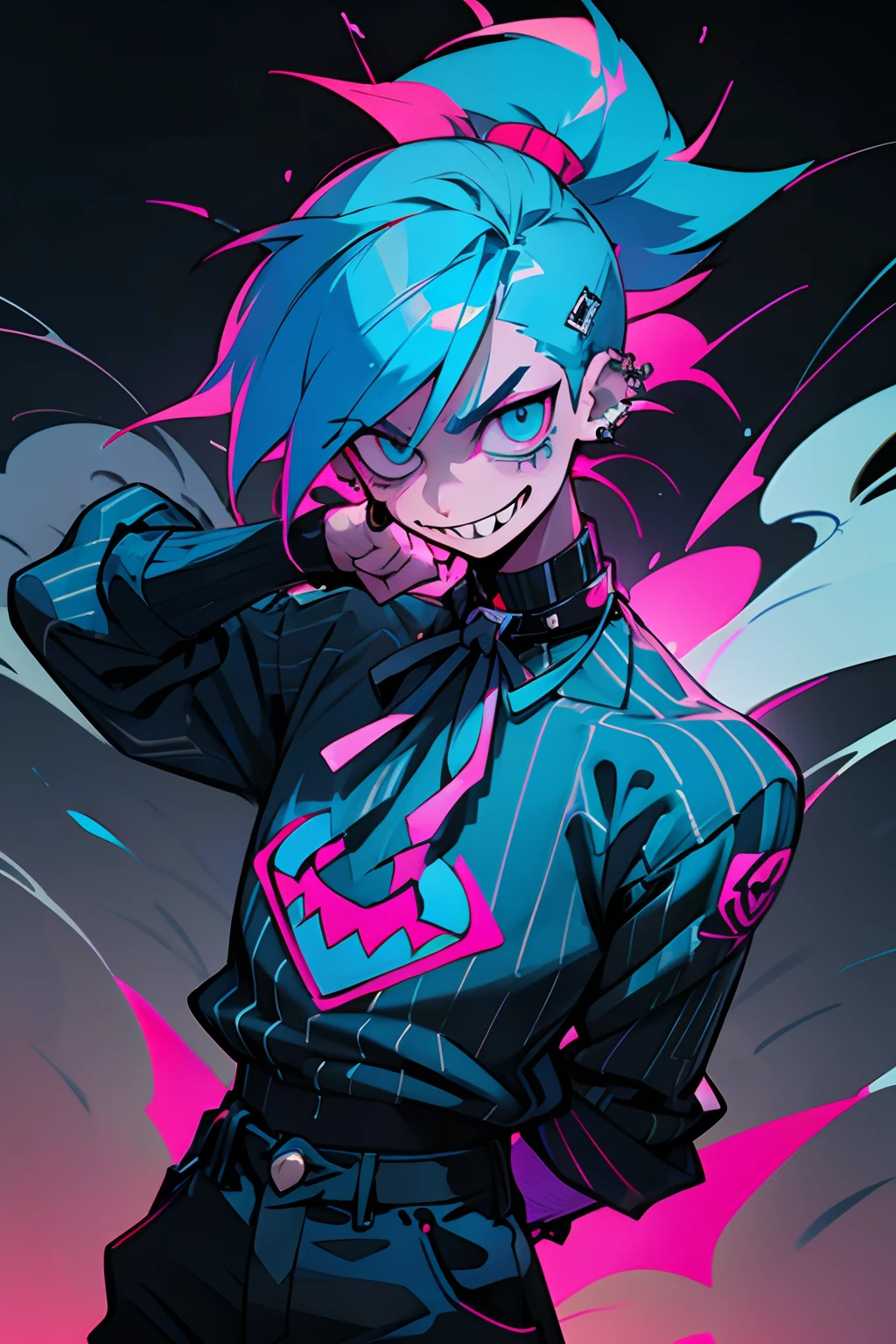 kpop boy, psycho minacing laugh, arms on back stays hidden, fade cut blue neon cyan colored hair, lust, bad ass, black, shows open smile sharp teeth, fadecut blue neon cloud style hair, tattoos on hands and neck, piercing, black mixed pink striped sweater, cool badass pose, smoke background
