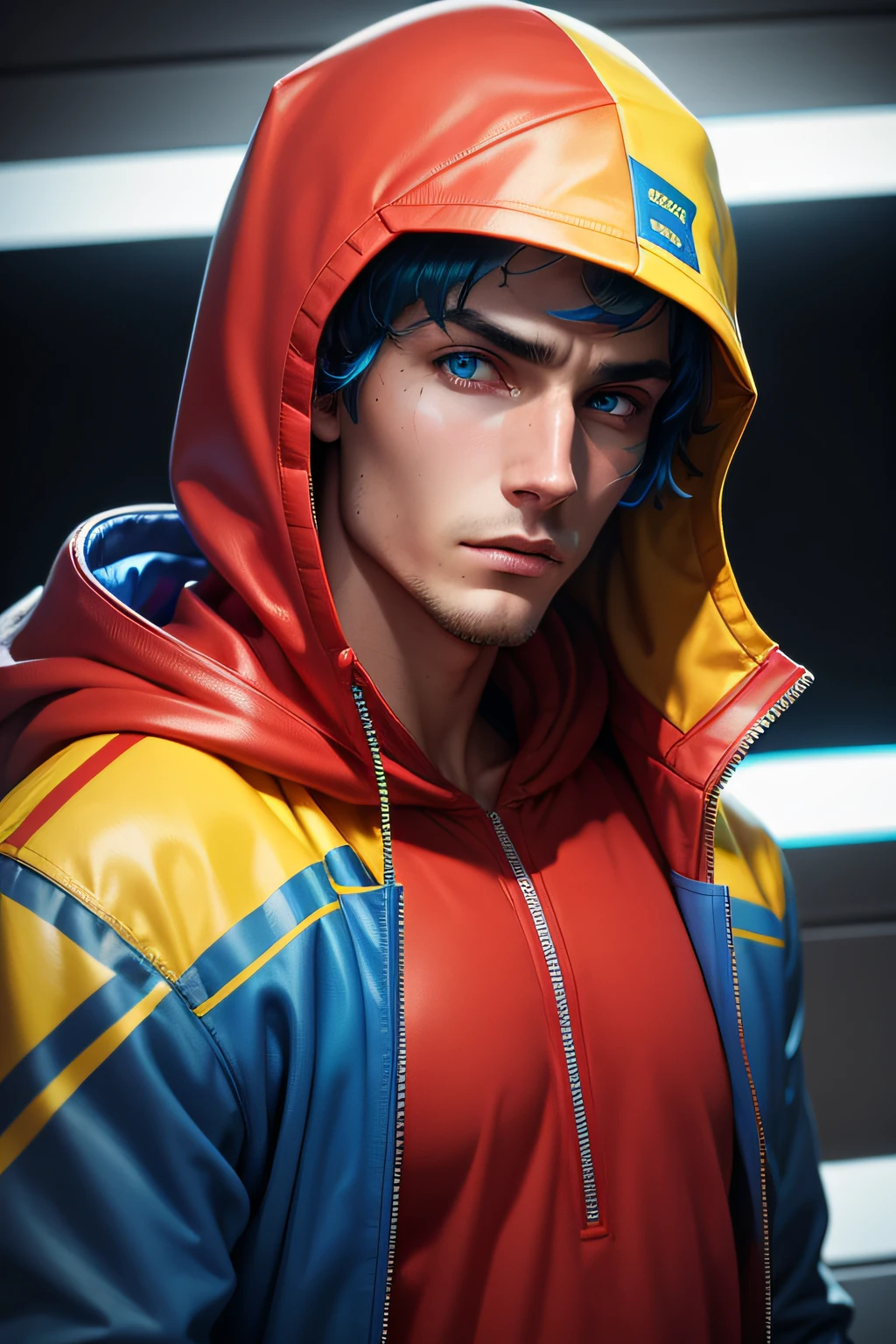1 man with blue eyes, close-up from the front, wearing a red, yellow, blue and colorful hoodie, Ultra realistic cybernetic jacket with green, yellow and red and blue hood