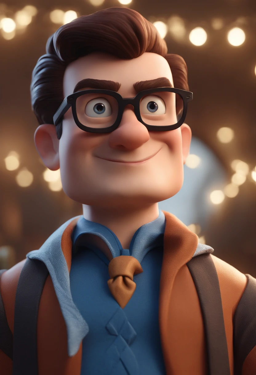 Cartoon character of a man with black glasses and a blue shirt, animation character, Caractere estilizado, animation style rendering, 3D estilizado, Arnold Maya render, 3 d render stylized, toon render keyshot, Personagem 3D, Personagem 3D, 3d rendering stylized, 3 d character render, personagem de desenho animado, Personagem de close up, Pose de personagem,  (Estilo Pixar) (master part:1.2) (Bokeh) (best quality) (pele detalhada) (textura detalhada) (8k) (argila) (Cinematic lighting) (foco nítido