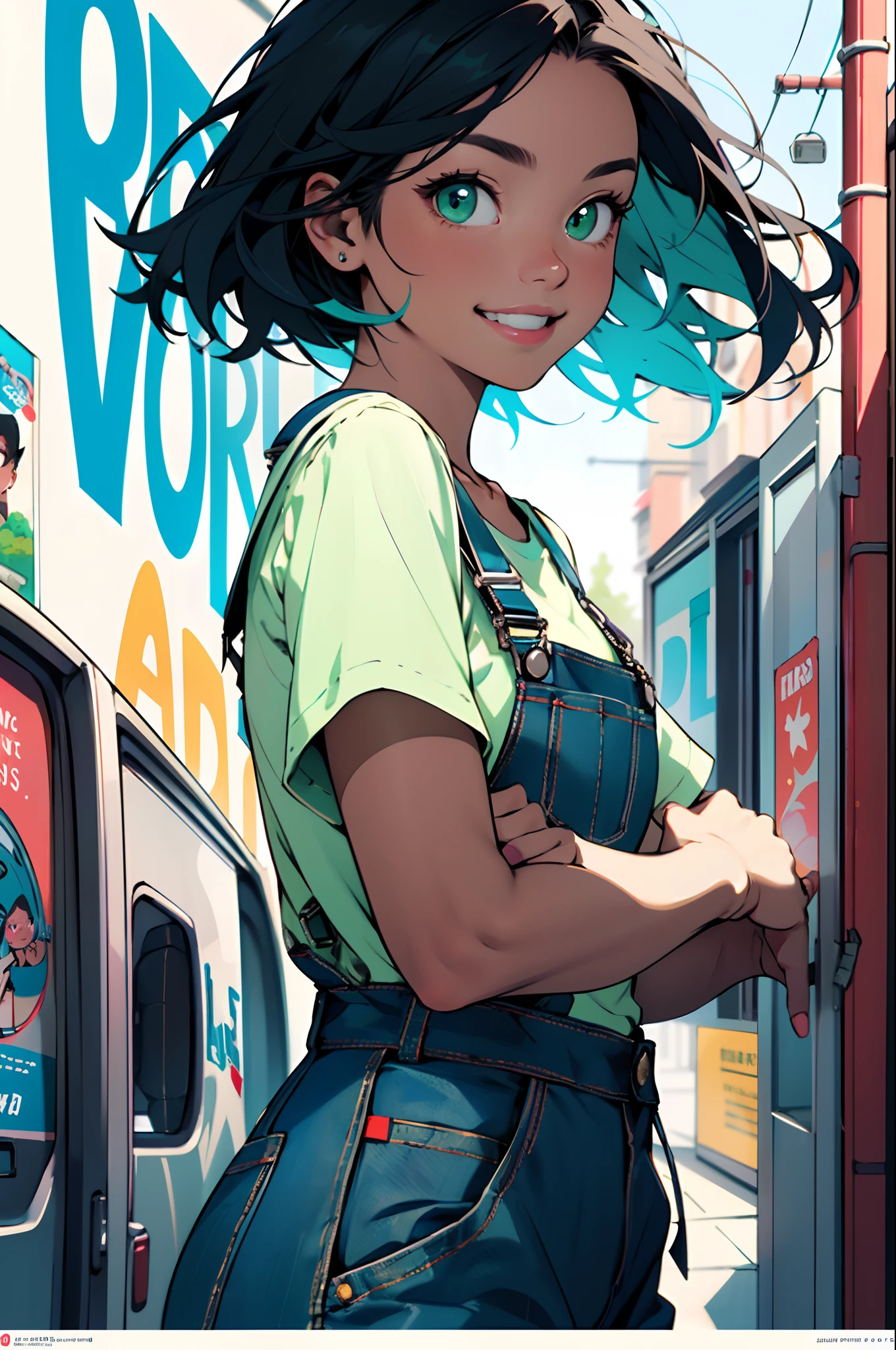 main focus 20 year old girl with black hair with big blueish green eyes with a bright smile wearing a cute overalls. the scene should be in the distinct digital art style of Pixar. include the movie title on the poster printed on the front. the title is Khloe