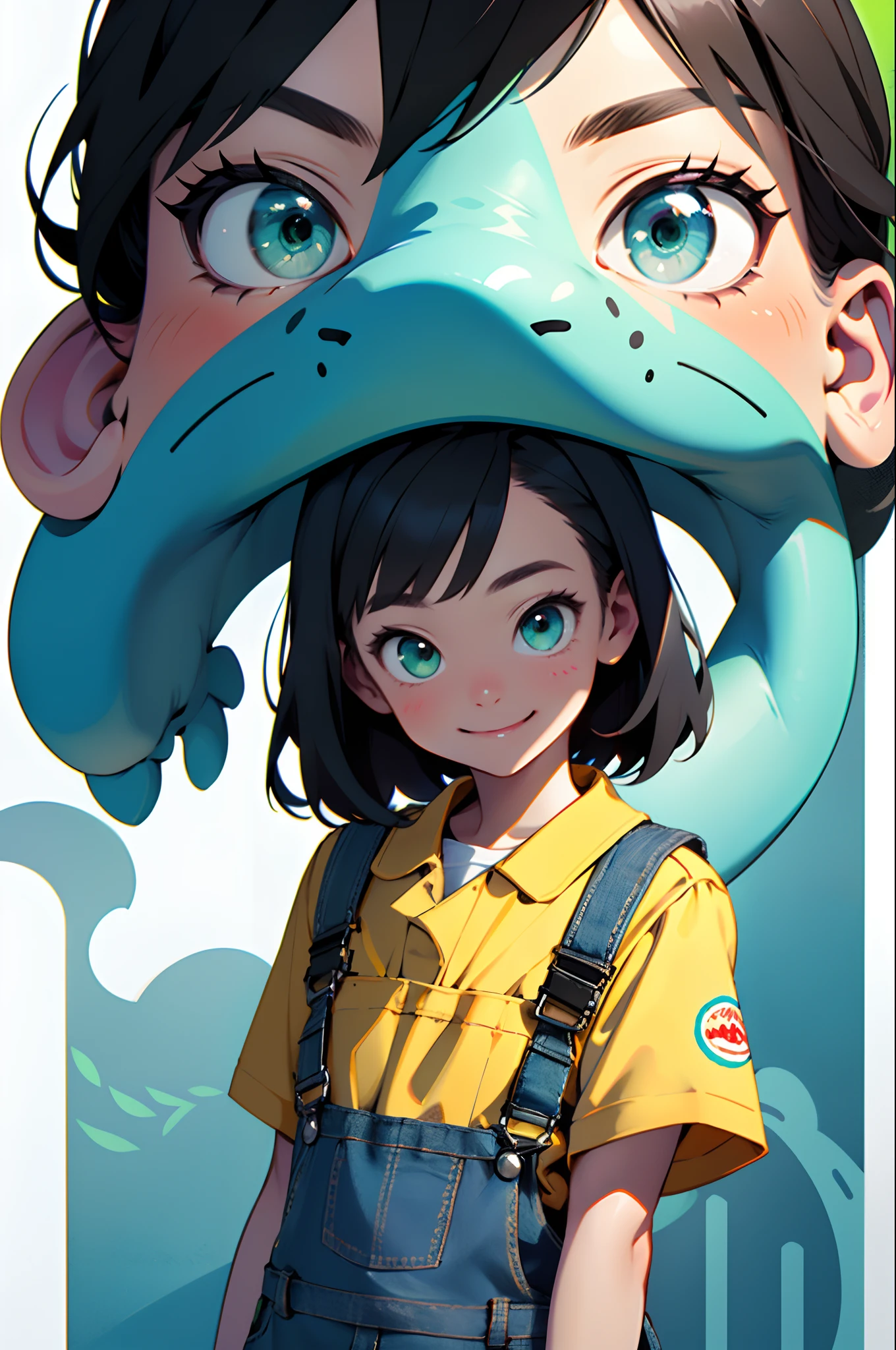 main focus 20 year old girl with black hair with big blueish green eyes with a bright smile wearing a cute overalls. the scene should be in the distinct digital art style of Pixar. include the movie title on the poster printed on the front. the title is Khloe
