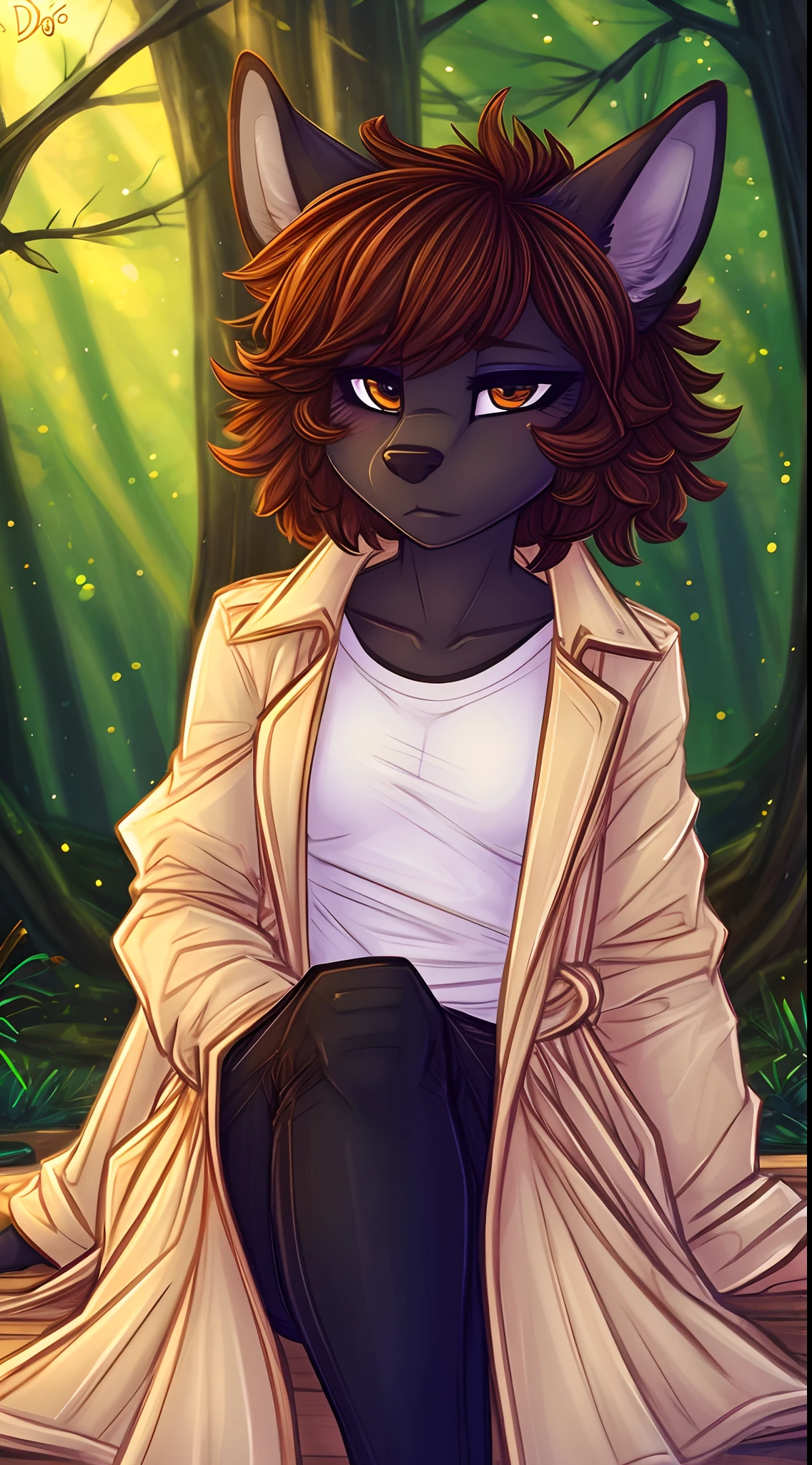 Vixen,1woman,masterpiece,best quality,shy,reserved,black skin,fur with orange strokes,thin,small breasts,tall,skinny,art style by dimwitdog,sitting in the forest,dusk,brown dark hair, short hair, face closeup, messy hair, looking at viewer,shy,detailed,,beautiful details,thorn clothes,red colored trench coat, white t-shirt, black pants,feral legs,