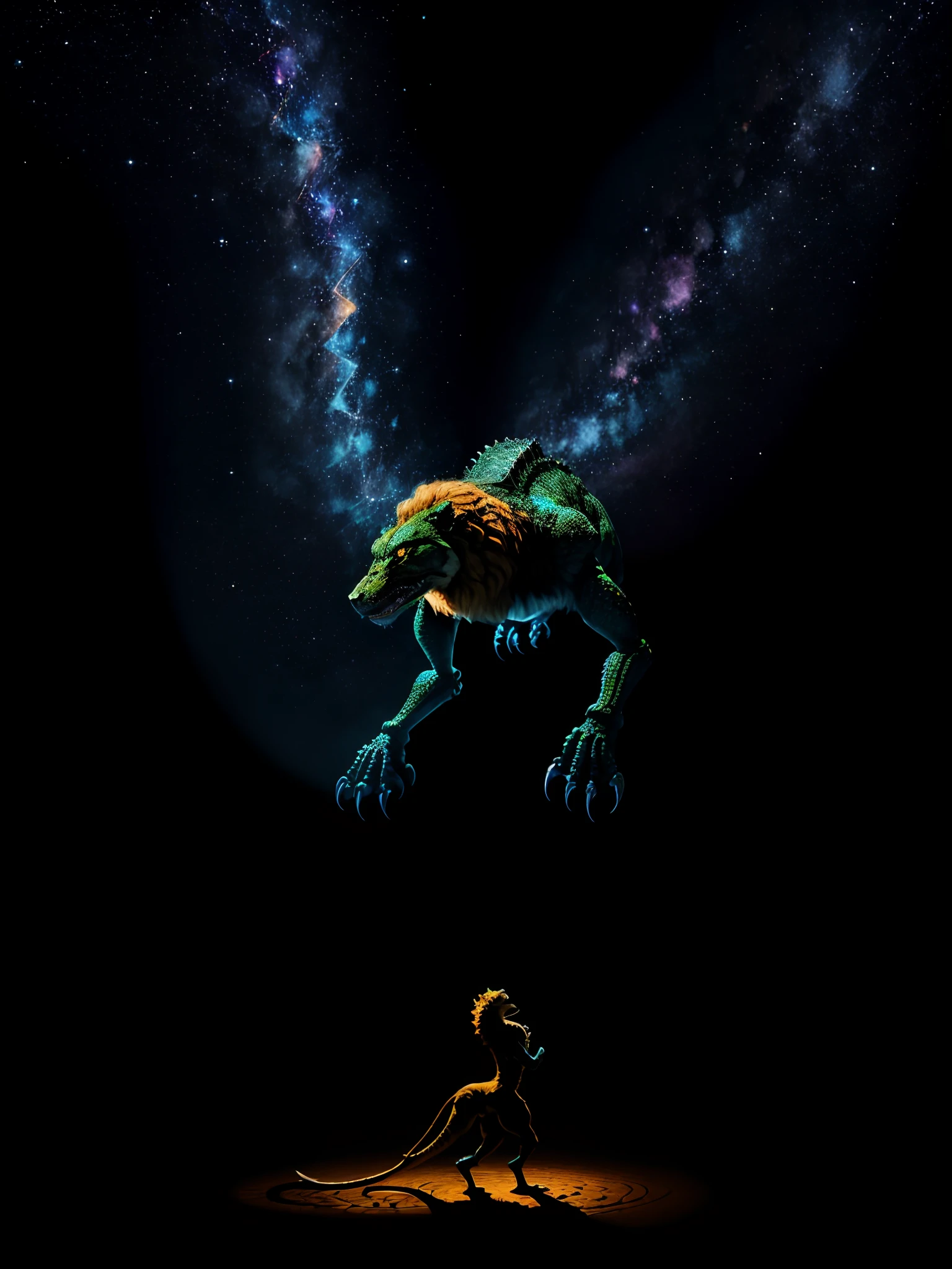 1.	Body:
	•	Majestic and imposing silhouette.
	•	Balanced blend of strength and elegance.
	2.	Head:
	•	Unique amalgamation inspired by celestial patterns.
	•	Incorporates lion-like features but with added cosmic elements.
	3.	Height:
	•	Over 10 feet on all fours, reaching 15 feet in a bipedal stance.
	4.	Limbs:
	•	Large paw-like hands with thick claws.
	•	T-Rex-inspired back legs.
	5.	Tail:
	•	Powerful alligator tail.
	6.	Patterns:
	•	Celestial patterns on skin with a subtle glow.
	•	Abstract patterns inspired by constellations.
	7.	Color Palette:
	•	Dark and ethereal tones with cosmic highlights.
	8.	Expression:
	•	Eyes convey emotion (warmth, empathy, and a touch of melancholy).
	9.	Roar:
	•	Roars in moments of conflict or to ward off threats.
	10.	Additional Element:
	•	Subtle robotics for enhanced movements.
