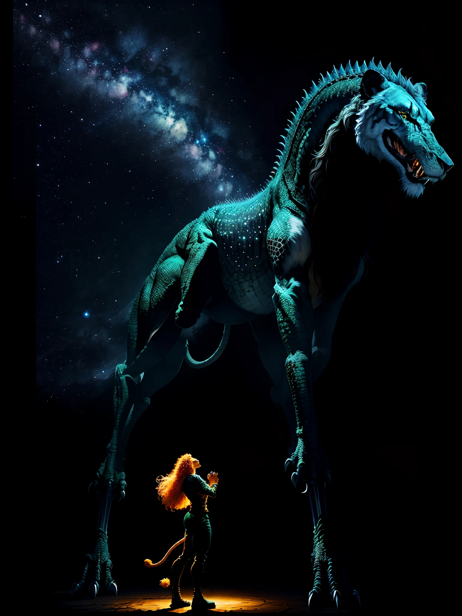 1. Body:
• Majestic and imposing silhouette.
• Balanced blend of strength and elegance.
2. Head:
• Unique amalgamation inspired by celestial patterns.
• Incorporates lion-like features but with added cosmic elements.
3. Height:
• Over 10 feet on all fours, reaching 15 feet in a bipedal stance.
4. Limbs:
• Large paw-like hands with thick claws.
• T-Rex-inspired back legs.
5. Tail:
• Powerful alligator tail.
6. Patterns:
• Celestial patterns on skin with a subtle glow.
• Abstract patterns inspired by constellations.
7. Color Palette:
• Dark and ethereal tones with cosmic highlights.
8. Expression:
• Eyes convey emotion (warmth, empathy, and a touch of melancholy).
9. Roar:
• Roars in moments of conflict or to ward off threats.
10. Additional Element:
• Subtle robotics for enhanced movements.