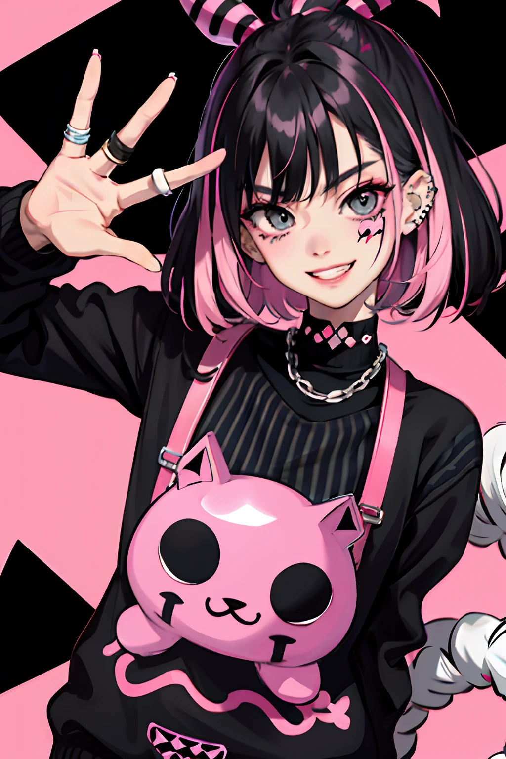kpop girl with rizz  smile face, bad ass, black,pink hair, tattoos on hands and neck, piercing, black mixed pink striped sweater, cool badass pose, smoke background