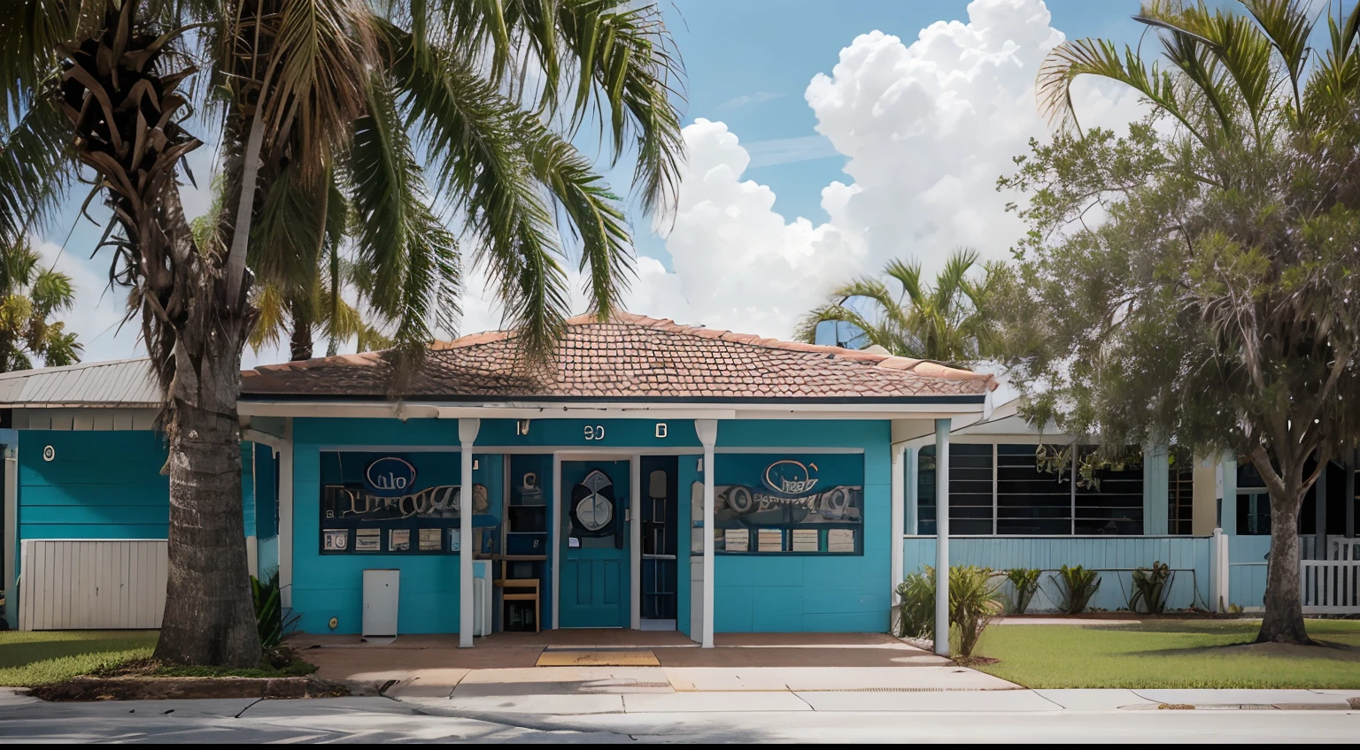 a hyper realistic photography of the Eau Gallie Arts District in Melbourne florida, no people, Nikon D850 DSLR 4k camera, 100mm lens, F 1.2 aperture setting, bright and natural lighting, vibrant, fun and relaxing atmosphere