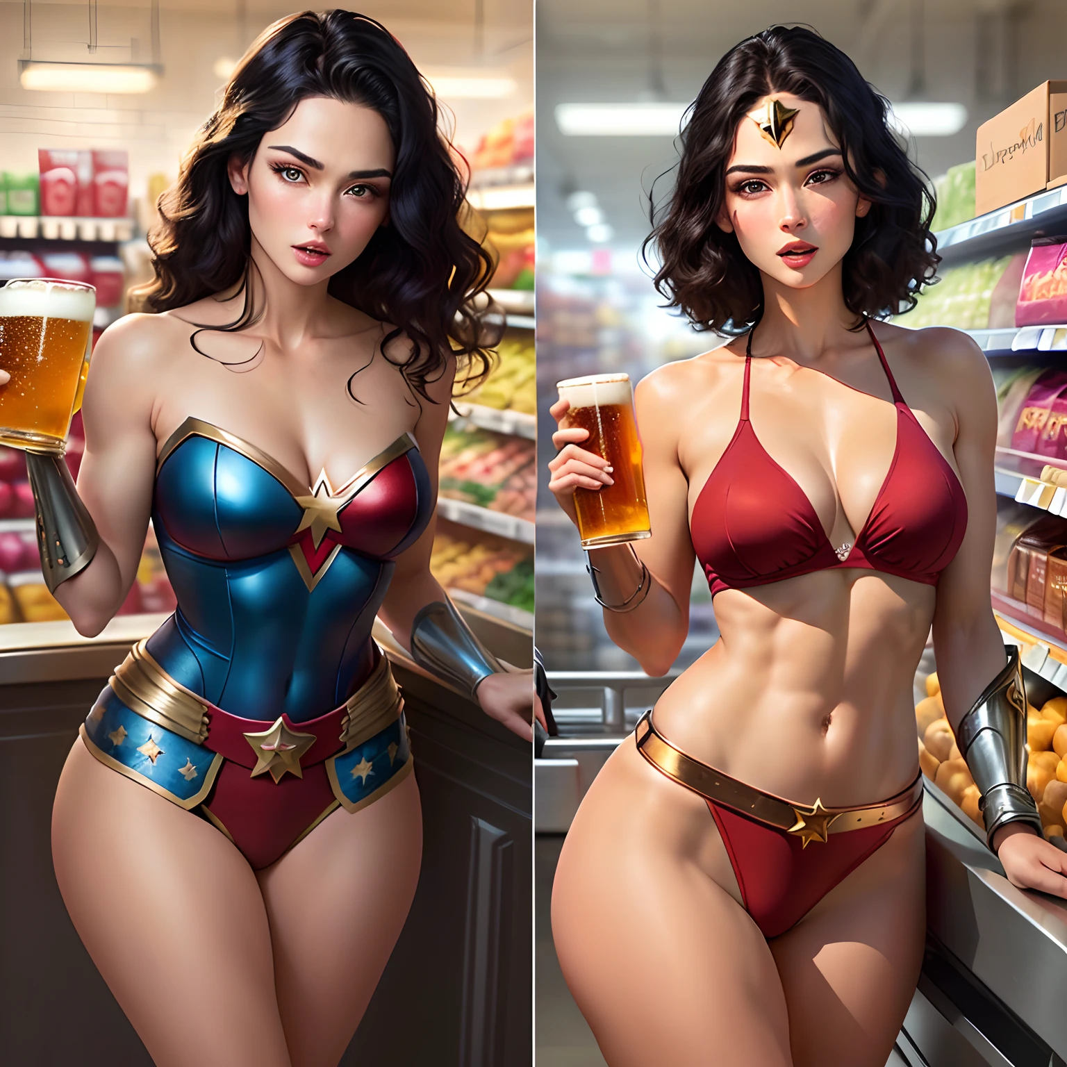 Potatorule101
Try
Prompts
Copy
Wonder Woman holding a beer bottle, Masterpiece, Candid Photo, Wonder Woman, (delicate details, makeup), (delicate and beautiful delicate face, delicate and beautiful delicate eyes, face with perfect proportions), (delicate and radiant skin: 1.2), delicate skin, strong and realistic blue eyes, realistic black hair, lips, makeup, natural skin texture, tiara, jewelry, star \(symbol\), leotard, bulletproof gauntlet, red combat boots, golden belt, (public attire: 1.5), bare shoulders, Slightly sunburned, mature, sexy, elastic muscles, (muscles: 1.2), ((strong and healthy body)), (more) muscles))), long legs, curves, (big breasts: 1.3), thin waist, soft waist, (delicate skin), (beautiful and sexy woman), (swollen lips: 0.9), (eyelashes: 1.2), (skin hollows), very delicate muscles, breasts, solo, split, pretty face, perfect body, muscular, detailed face, realistic skin details, clear focus, Realistic face, realistic skin, detailed eyes, detailed facial features, (in colorful supermarket), despair, tired, open mouth, mature woman, high detail, very detailed, retro,