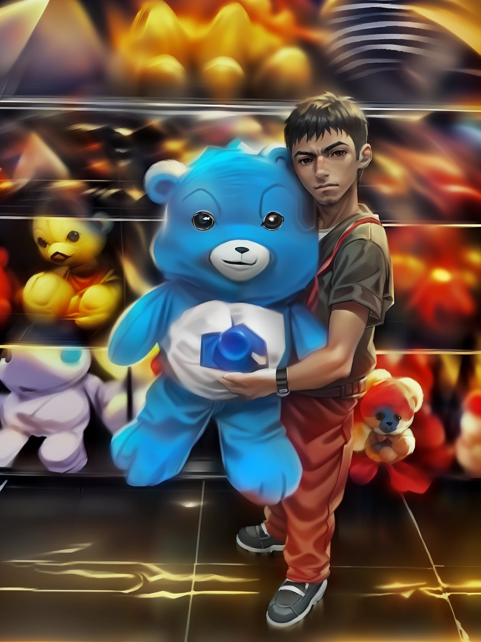 Arafed boy holding a blue teddy bear in front of a display of stuffed animals, Blue stuffed doll 'Snappy gifts', holding a teddy bear, coronavirus as a stuffed toy, stuffed toy, peluche, Obra-prima maravilhosa, grande obra-prima, BT21, BT 2 1, plush, brinquedo, macio, Kawaai, plush mascot