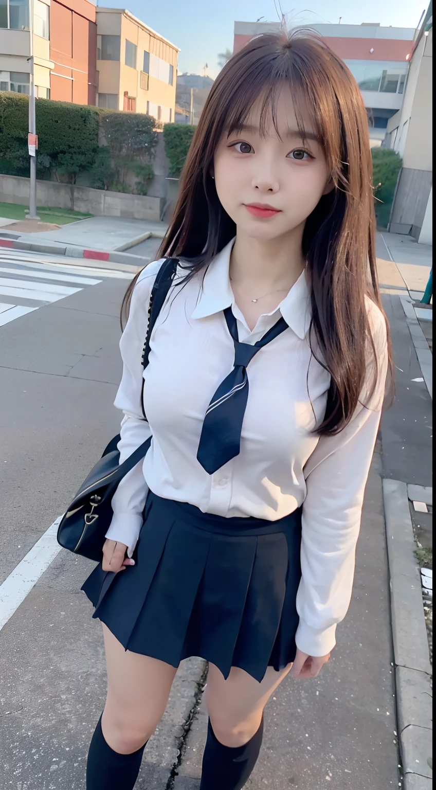 ((top quality, 8k, masterpiece: 1.3)), beauty, 1 girl, big: 1.3, (abs, slender figure: 1.1), dark brown hair, (wet body: 1.1), ultra detailed face, detailed lips, detailed eyes, double eyelids, mini skirt, ((JK uniform)), (school uniform), detailed police car interior, police car, passenger seat sitting, baton, handcuffs, Holding a gun, just a little, embarrassed, blushing, panties on thighs, embarrassed laughter