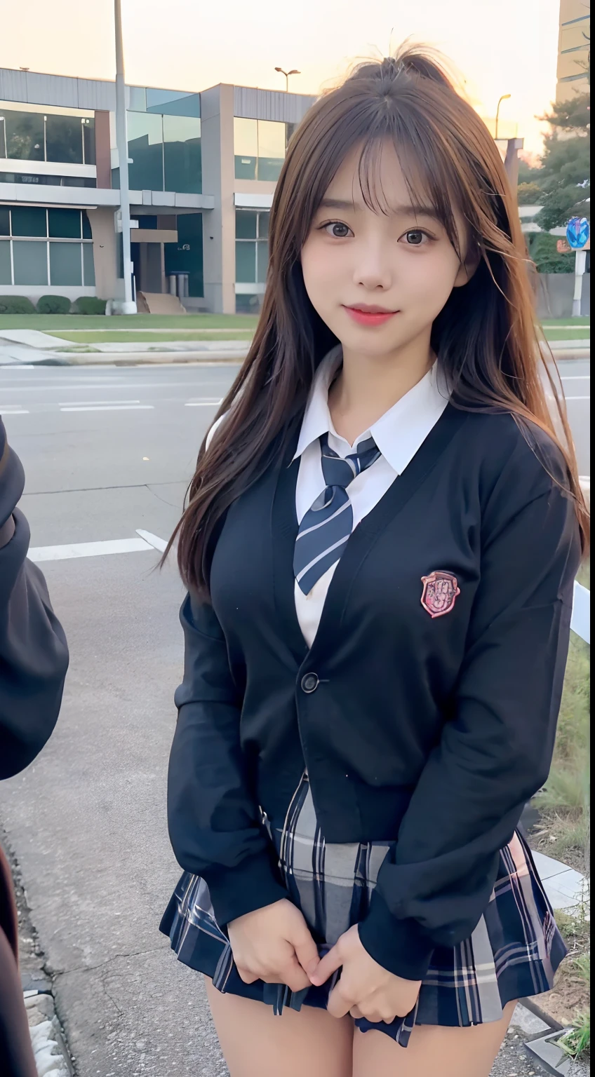 (16 K, Raw photography, Top image quality, ​masterpiece: 1.45), (realisitic, Photorealsitic: 1.37), one girls, cute little, A city scape,, profetional lighting, photon maping, school classrooms, physically-based renderingt, dark brown  hair,pony tail hairstyle, Well-groomed and beautiful eyes、((二重まぶた))、Transcendent Cute Girl, (((student clothes、blazers、Long sleeve shirt worn by Japan high school girl、Ribbon Ties、Dark blue mini skirt,、Dark blue socks、Black loafers))), Top Quality Photos, hight resolution, 1080p, (clearface), (Detailed face description), (Detailed hand description), (​masterpiece), (Exquisite CG)、extreme light and shadows、dishevled hair、master work、abundant detail、(Fine facial features)、(top quality photo)、(masuter piece)、(A detailed eye)、Look in front of you、Fine clavicle、((Slender big))、(((Japan schoolgirls wear jackets and long-sleeved shirts)))、((Neat and clean idol))、((School Gate、school ground、School building in the background))、(Shooting from random perspectives)、(((Anyway cute)))、耳Nipple Ring、A big smile、Drawing the whole body from the knees、Do not draw nasolabial folds、(((Sports bags used by Japan schoolgirls)))、(Big breasts that hang down big:1.2)、Big buttocks with tension、Two arms and two legs、(((from the front side:0.7)))、bare hand、(((Left and right symmetrical eyes)))、Standing Pose、Put your hands on your desk、Do not take the tie out of the jacket、Raise your buttocks:1.5，barebacked:1.5，