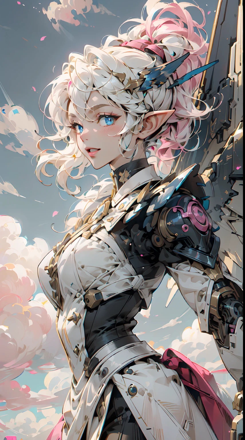 (Masterpiece, Best Quality, great, Highly detailed ajectar Unity、8k wallpaper, Depth-of-field, super fine-illustration:1.5)、3D, Extremely detailed, (Victorian maid armored、a mech elf girl:1.3), sci-fi battlefield, hawken, Smile, Open mouth, short ponytail hair, (white blonde hair, Deep Blue Eyes:1.2), Sparkling eyes, Cute face, ((highly detailed face and eyes: 1.1)), kawaii, Large breasts, delicate hair, disheveled hair, (((Flying high in the sky)))、(Blue sky, white clouds), Shiny hair, shiny skin, (Symmetrical mechanical wing、Metallic colored mechanical wings that are widely expanded to the left and right so that they protrude greatly from the screen, headgear, white hair ornament), (Particles of light, Cinematic lighting: 1.3), (Thin pink lips: 0.8), by Yusuke Murata