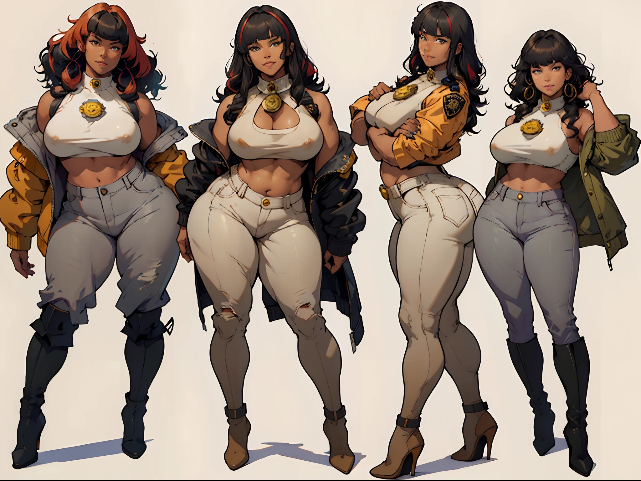 NSFW,masterpiece,top-quality,((character sheets,Same character,gauges,Lateral face,soles)),environment change scene,Pose too,(long curly Hairstyle with bangs), brown hair, multicolored hair, Pose Jitai,Chartaran Betarola,(simple background、grey backgrounid:1.3),illustratio,multi view, ((woman)), (wearing a white short tight top underneath a police jacket, bare arms, bare belly, tight beige jeans, high heel boots), ((police badge hanging from neck)), full body, sexy girl, happy, smile, chubby, dark eyebrows, green eyes, big smile, dark skin, shoulders, thick, ((fat arms)), ((medium breasts)), cute, sexy, MILF