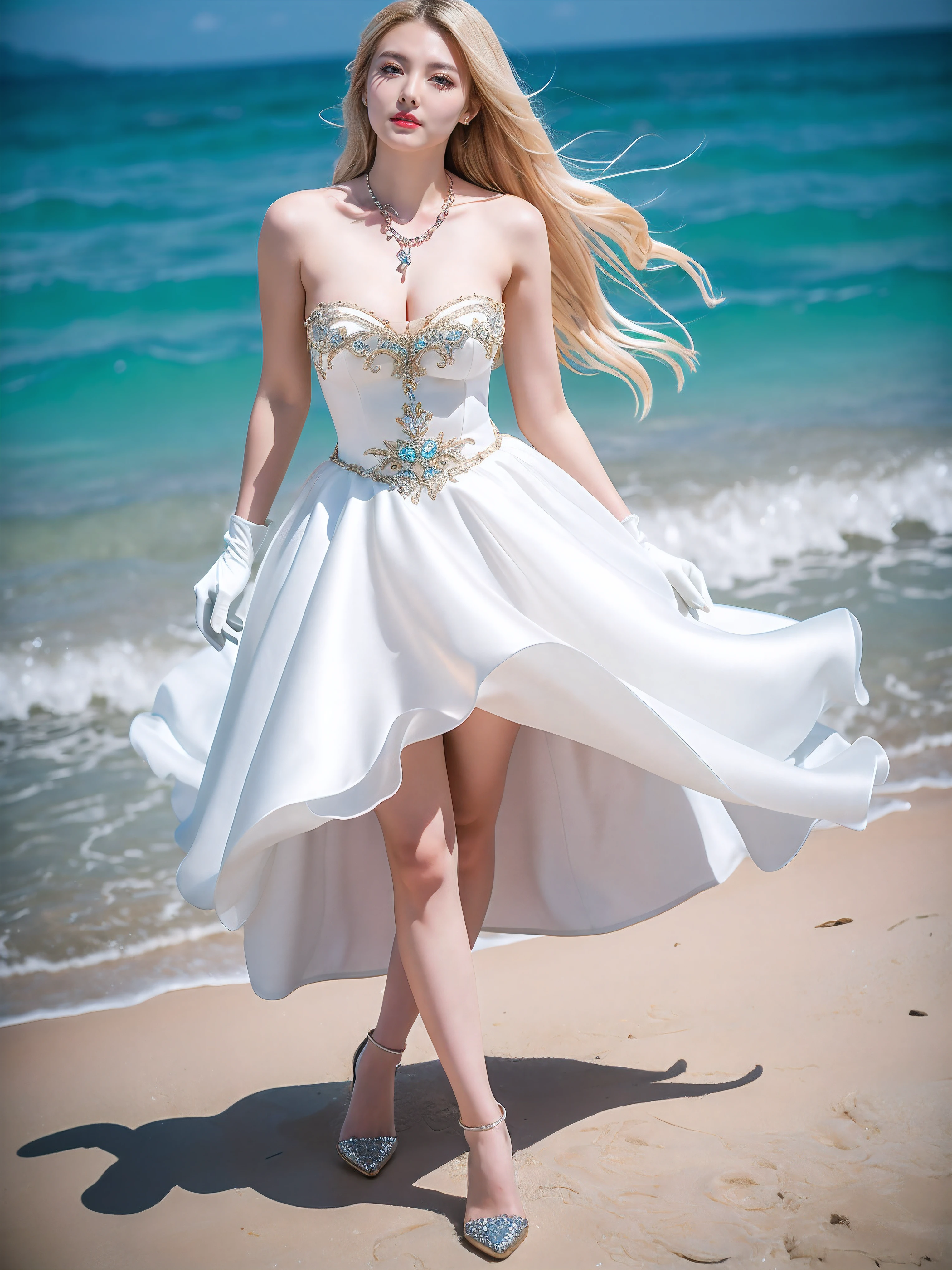 (Absurd, highres, ultra detailed), 1girl, solo, mature, (very long hair, Blonde hair), Baroque, necklace, Strapless neckline ball gown dress, glove, Elegant, colorfully, maximum detail, upper body, outdoor, dive, ocean, full body, leg, shoes