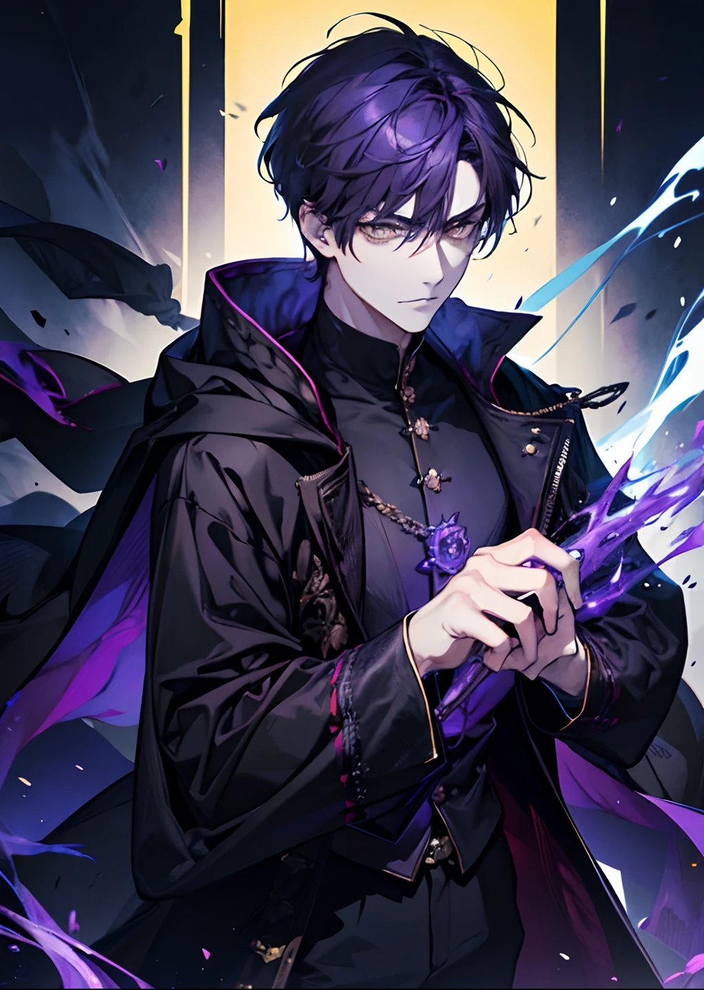 1male, adult, mature face, adult face, masculine face, handsome, angry, short purple hair, bangs, yellow eyes, detailed eyes, medieval times, dark sorcery, condescending, calm expression, black hooded cloak