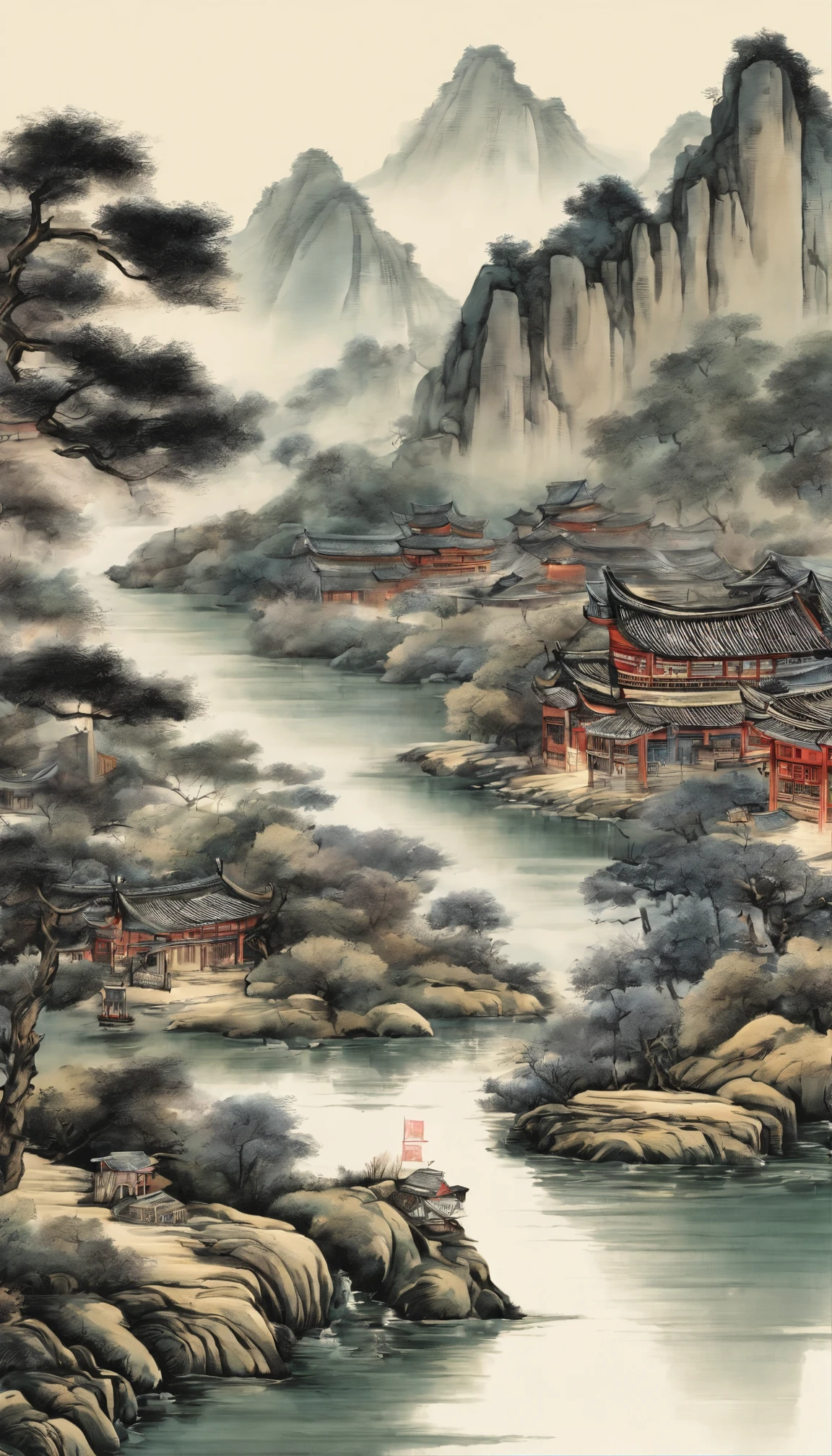 A mountain painting with a river and a village, Chinese painting style, inspired by Huang Binhong, Traditional Chinese Ink Painting, Chinese ink painting, Traditional Chinese painting, Traditional Chinese art, inspired by Zhang Shunzi, Chinese landscape, China ink painting, Chinese painting, inspired by Wang Shishen, inspired by Chang Dai-chien, The top is printed with a gilded calligraphy lettering
